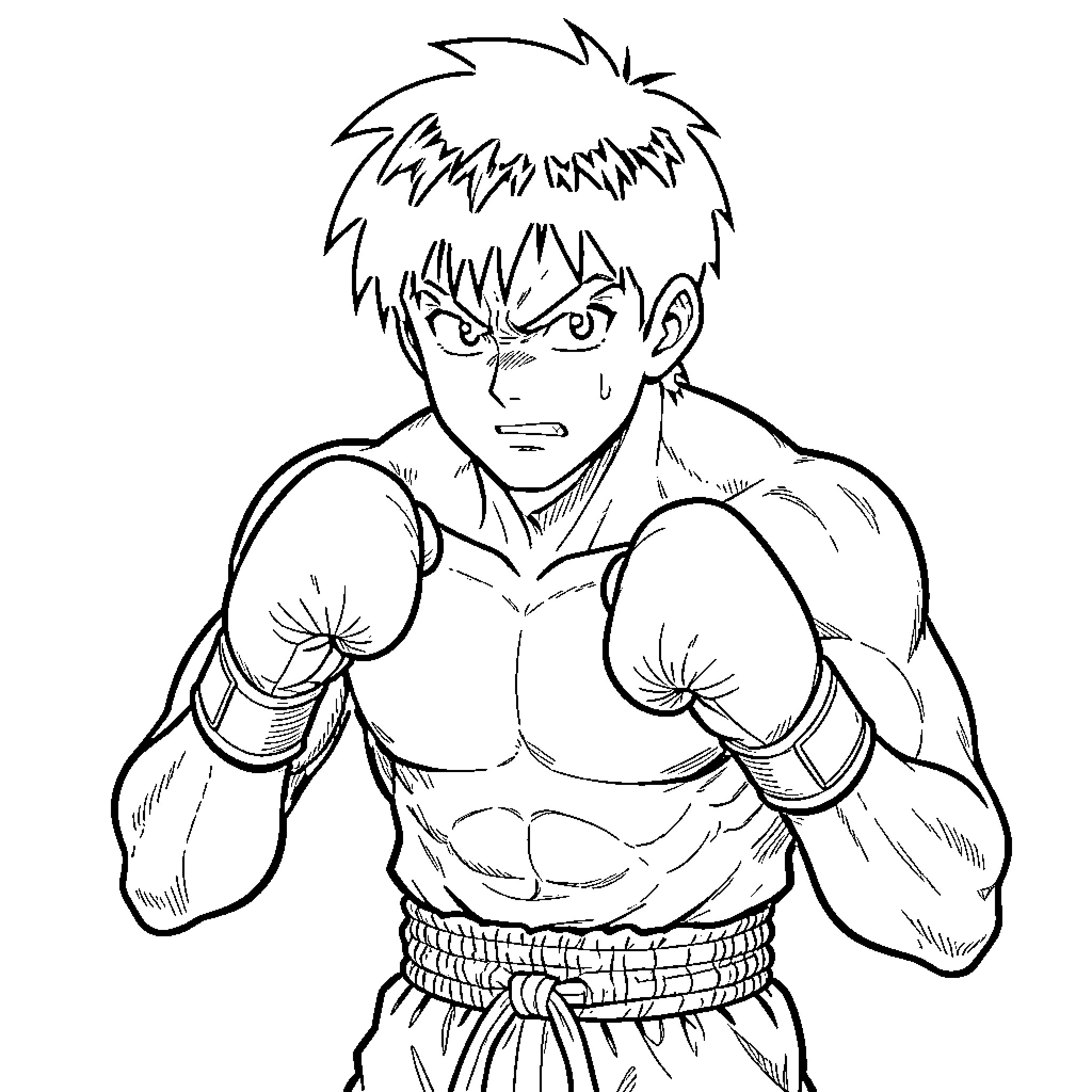 Ippo wearing boxing gloves in a fighting stance Coloring Page (free black-and-white line drawing printable PDF for all, from beginners to advanced learners, including children, teens, adults, and seniors)