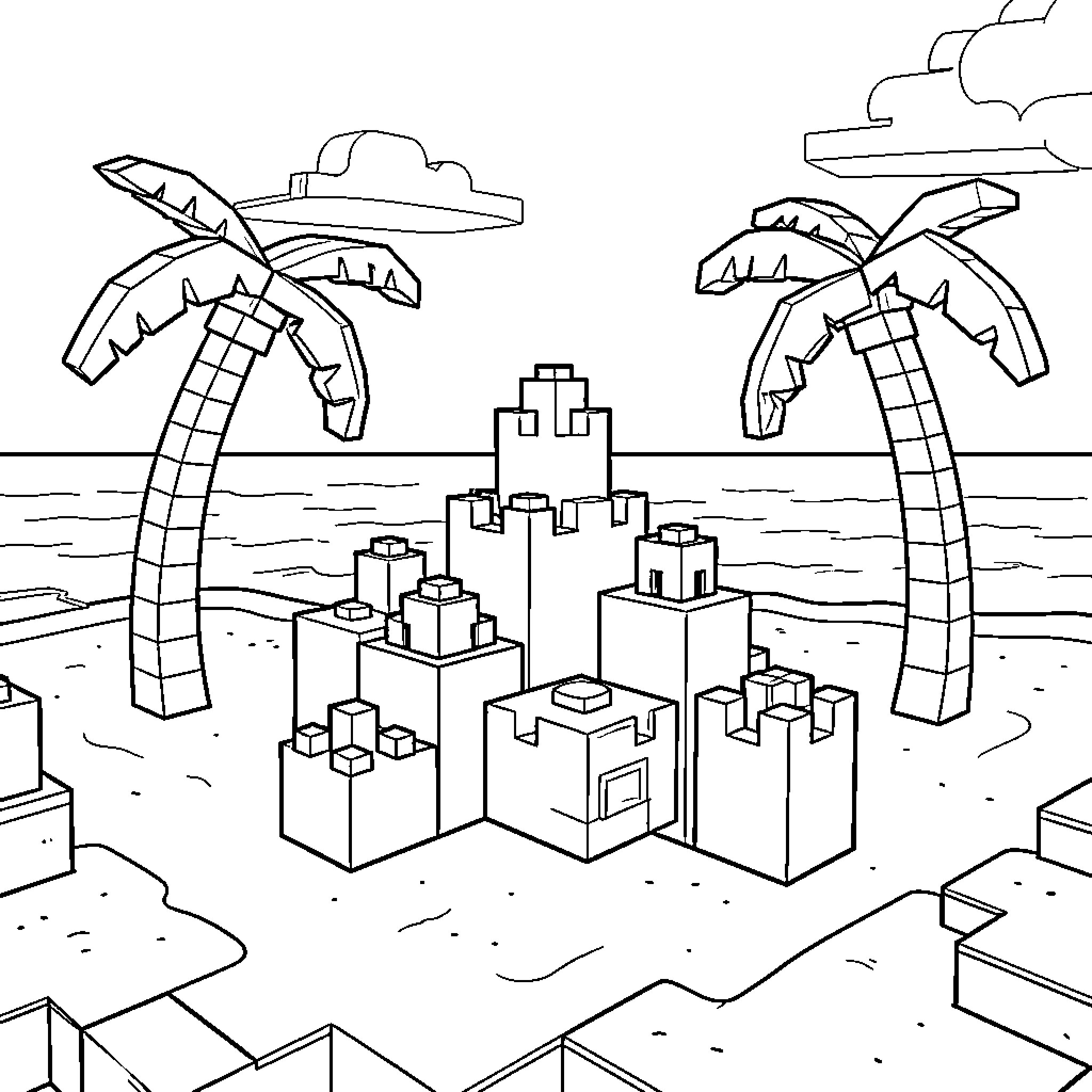 Minecraft sandcastle built on a tropical beach Coloring Page (free black-and-white line drawing printable PDF for all, from beginners to advanced learners, including children, teens, adults, and seniors)