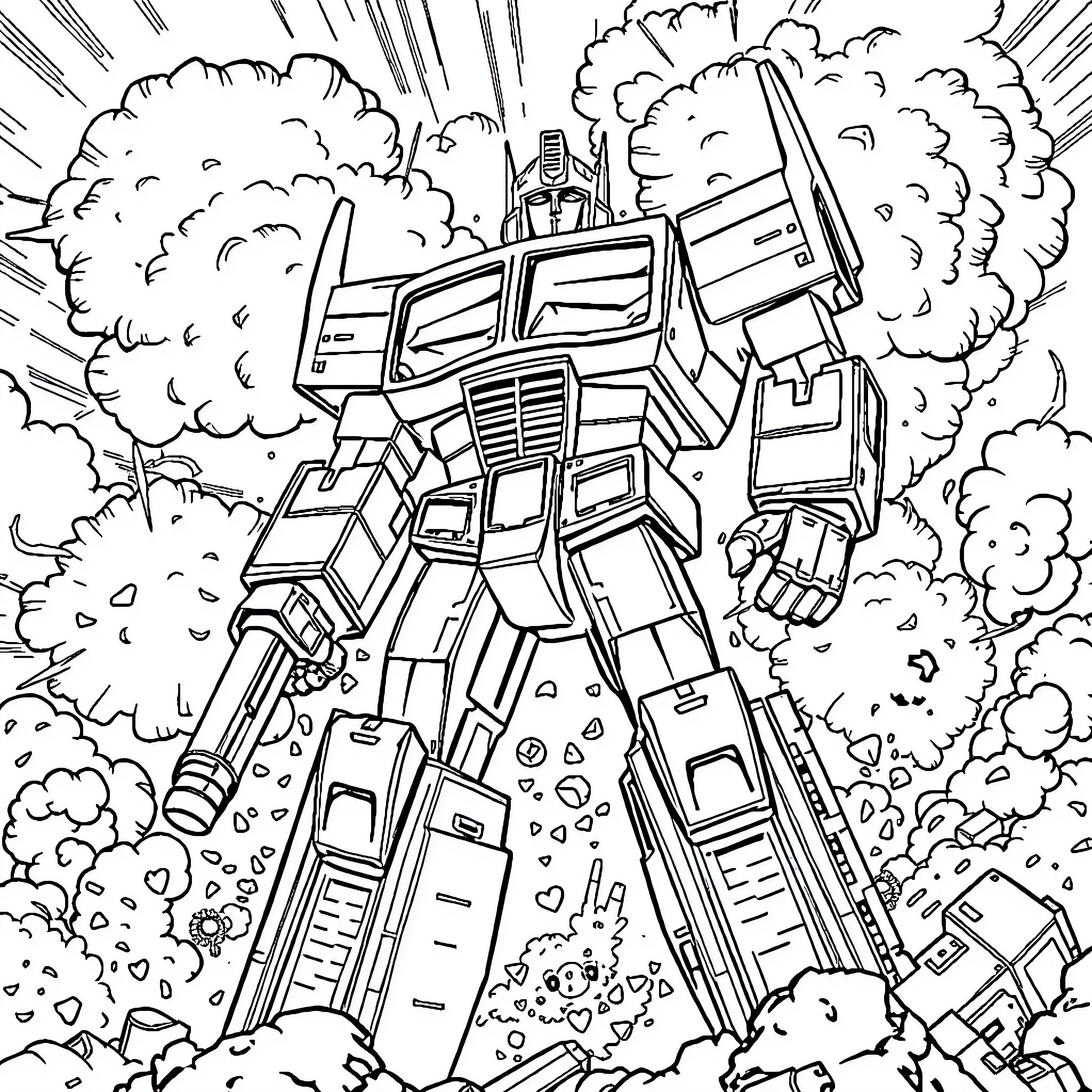 Optimus Prime leading the charge into battle Coloring Page (free black-and-white line drawing printable PDF for all, from beginners to advanced learners, including children, teens, adults, and seniors)