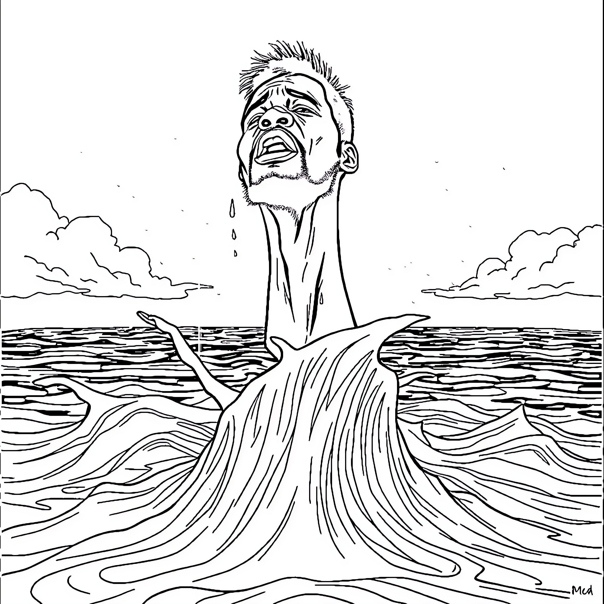 Man crying out in the stormy sea Coloring Page (free black-and-white line drawing printable PDF for all, from beginners to advanced learners, including children, teens, adults, and seniors)