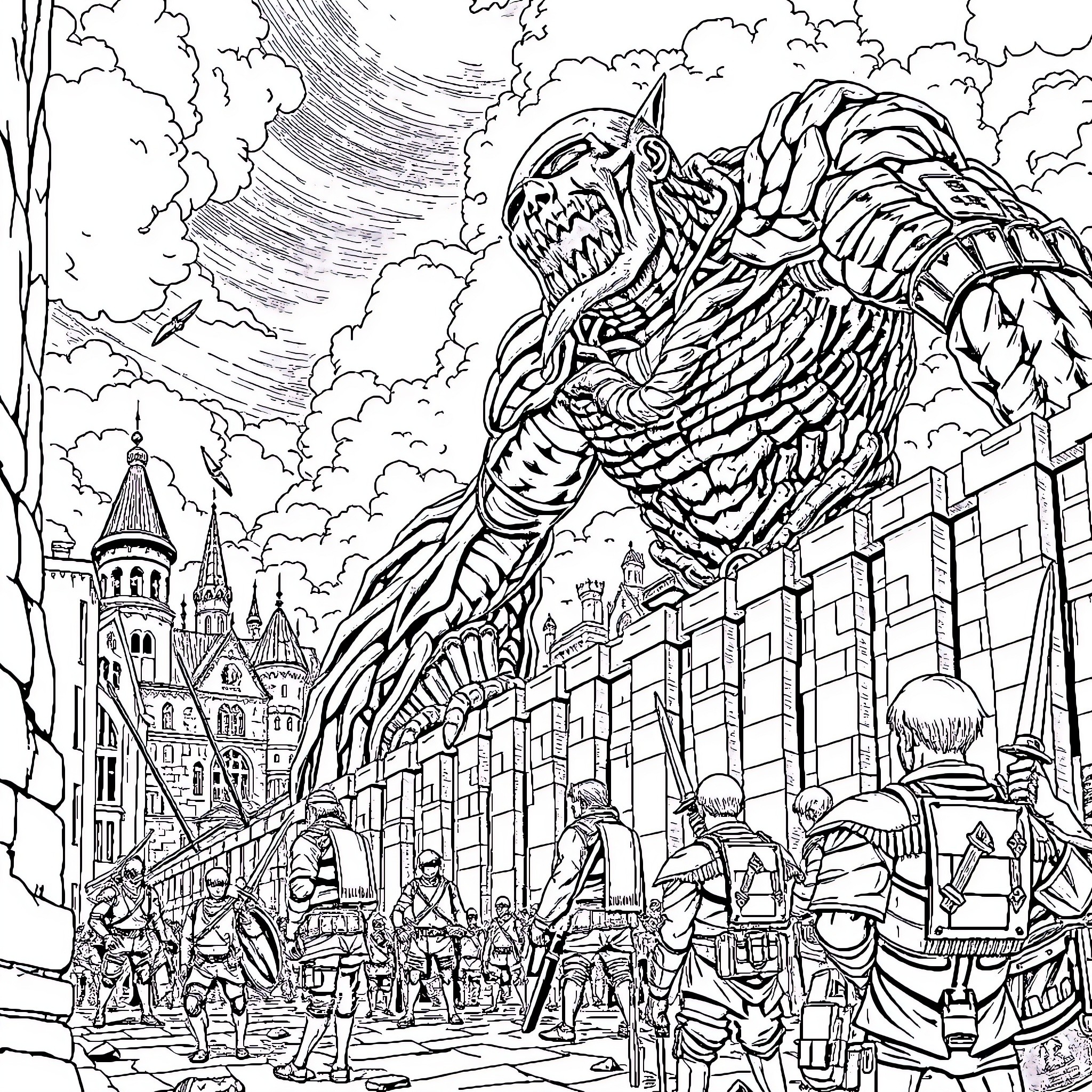 Attack on Titan: Titan Siege in the City Coloring Page (free black-and-white line drawing printable PDF for all, from beginners to advanced learners, including children, teens, adults, and seniors)