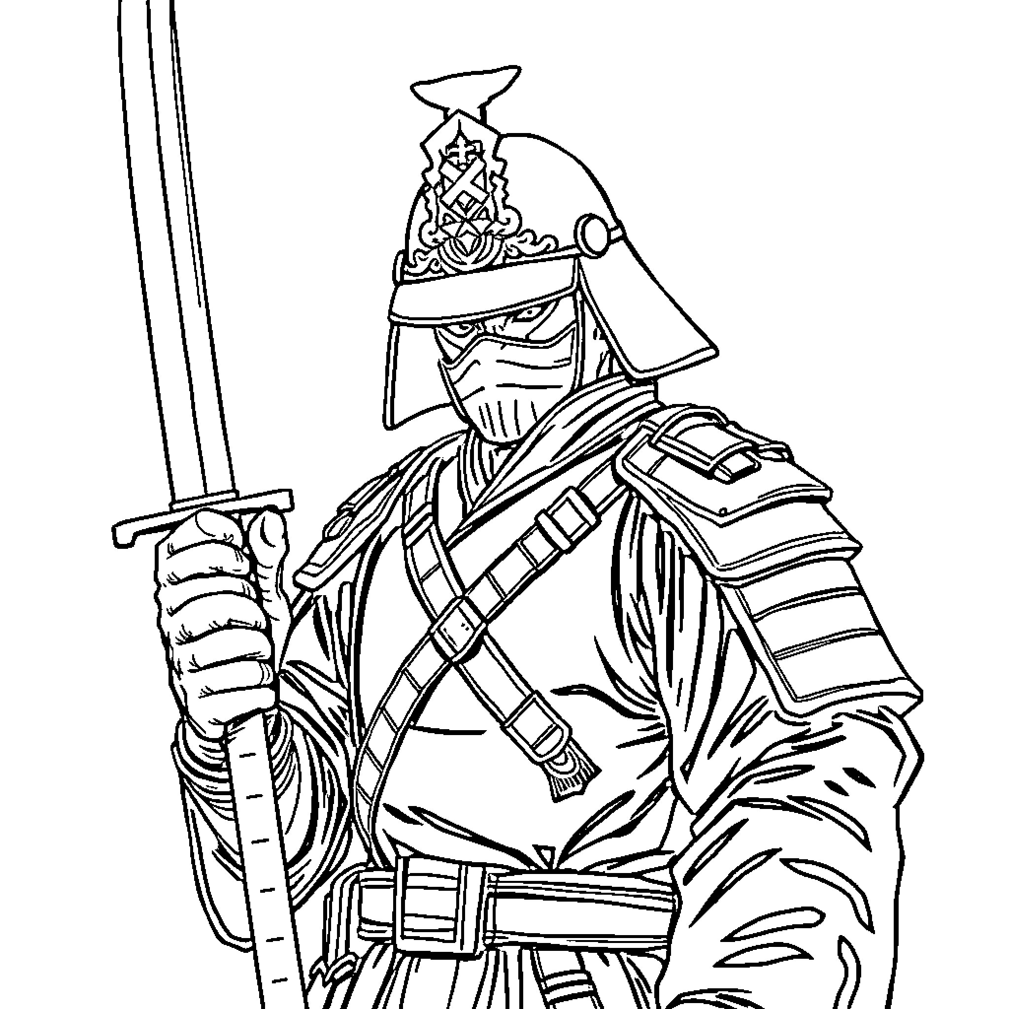 Japanese Soldier in Samurai Armor Wielding a Sword Coloring Page (free black-and-white line drawing printable PDF for all, from beginners to advanced learners, including children, teens, adults, and seniors)
