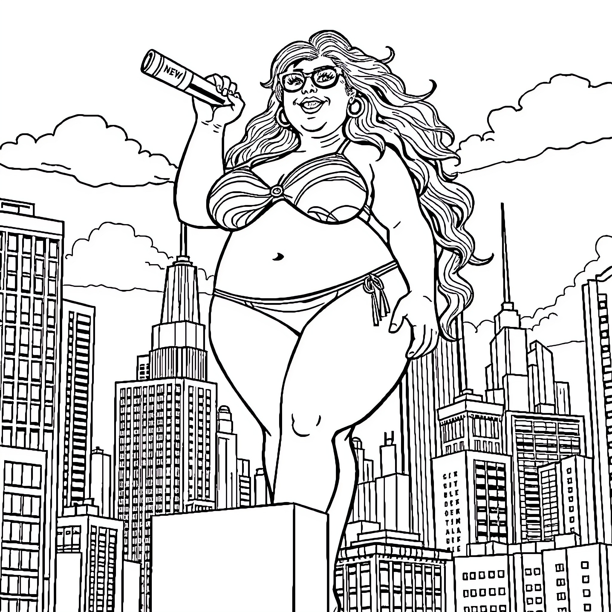 Woman standing confidently in cityscape Coloring Page (free black-and-white line drawing printable PDF for all, from beginners to advanced learners, including children, teens, adults, and seniors)