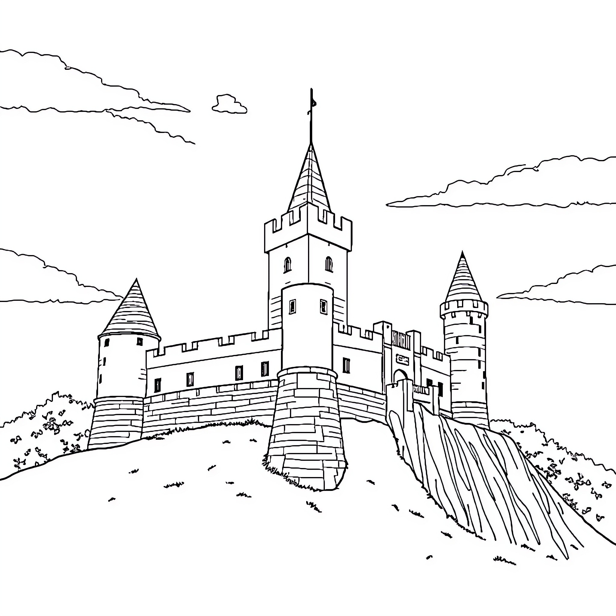 Castle with towering spires on a hilltop Coloring Page (free black-and-white line drawing printable PDF for all, from beginners to advanced learners, including children, teens, adults, and seniors)