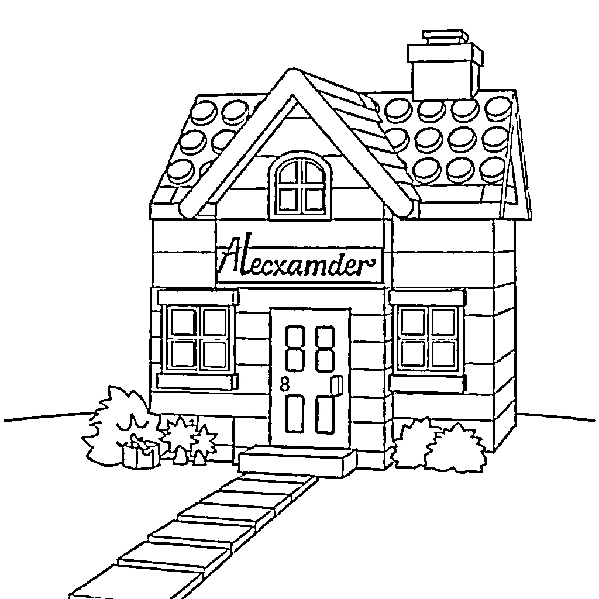 House with Name Sign and Landscaping Coloring Page (free black-and-white line drawing printable PDF for all, from beginners to advanced learners, including children, teens, adults, and seniors)