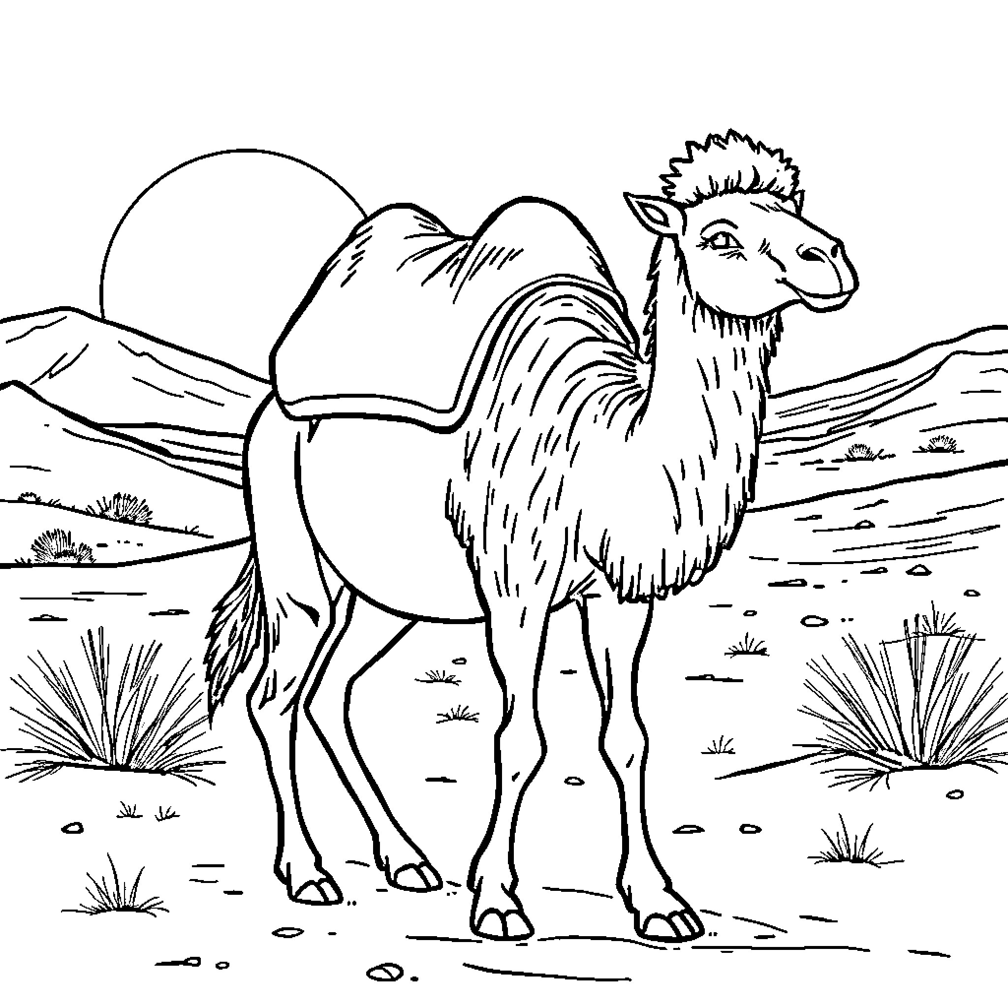 Camel standing in the desert landscape Coloring Page (free black-and-white line drawing printable PDF for all, from beginners to advanced learners, including children, teens, adults, and seniors)