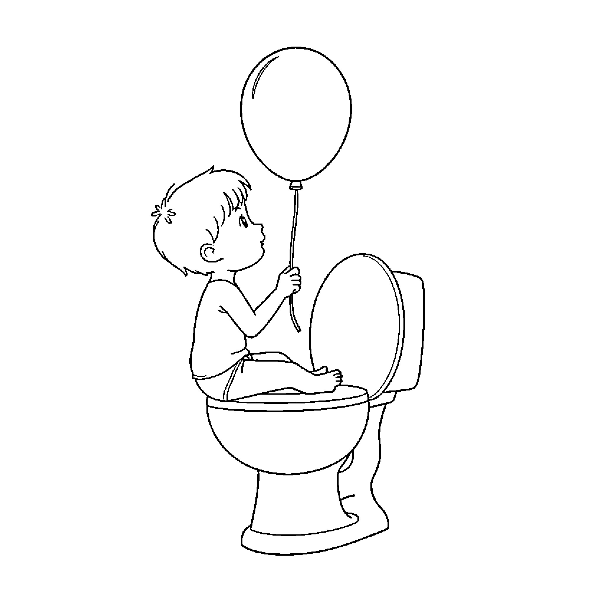 Toilet Boy Playing with Balloon Coloring Page (free black-and-white line drawing printable PDF for all, from beginners to advanced learners, including children, teens, adults, and seniors)