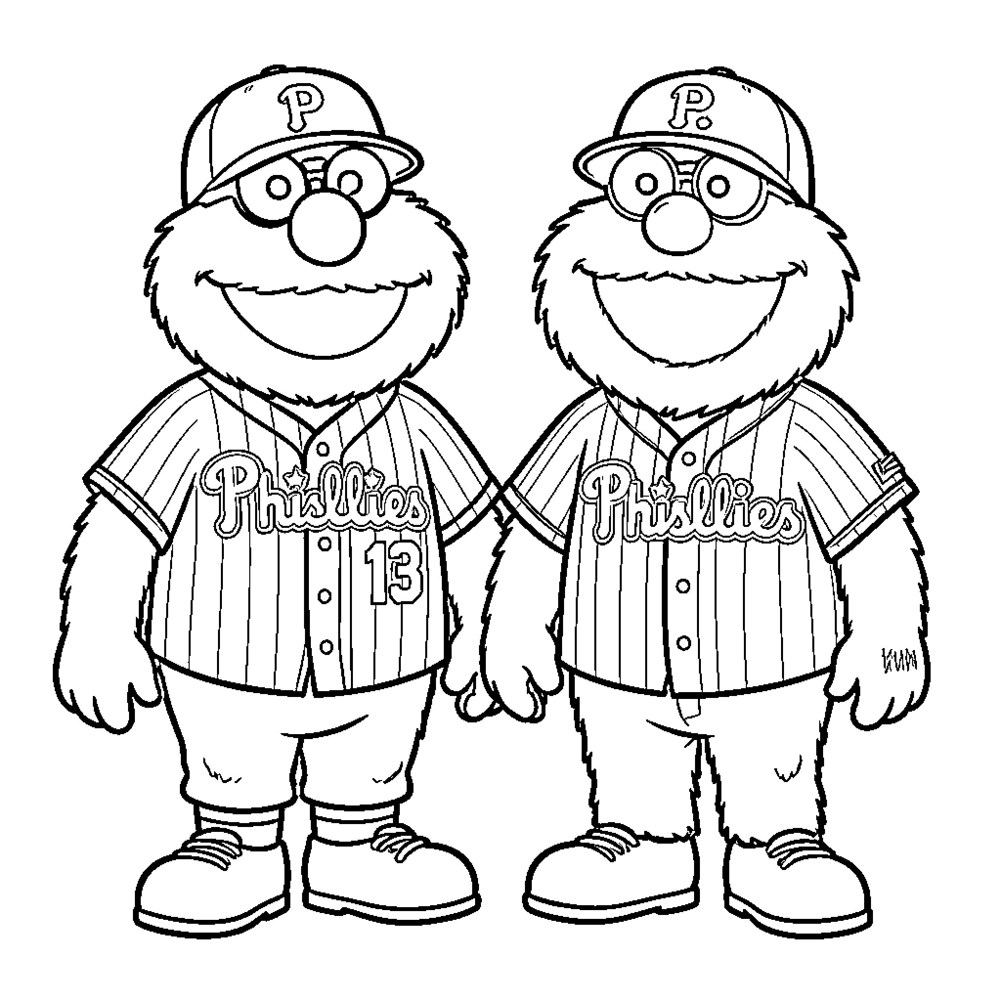 Elmo characters wearing baseball uniforms and caps Coloring Page (free black-and-white line drawing printable PDF for all, from beginners to advanced learners, including children, teens, adults, and seniors)