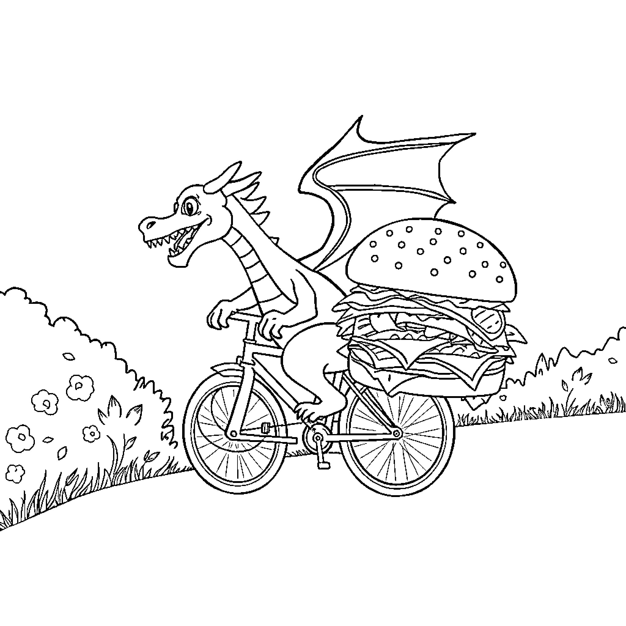 Dragon riding a bicycle with a giant hamburger Coloring Page (free black-and-white line drawing printable PDF for all, from beginners to advanced learners, including children, teens, adults, and seniors)
