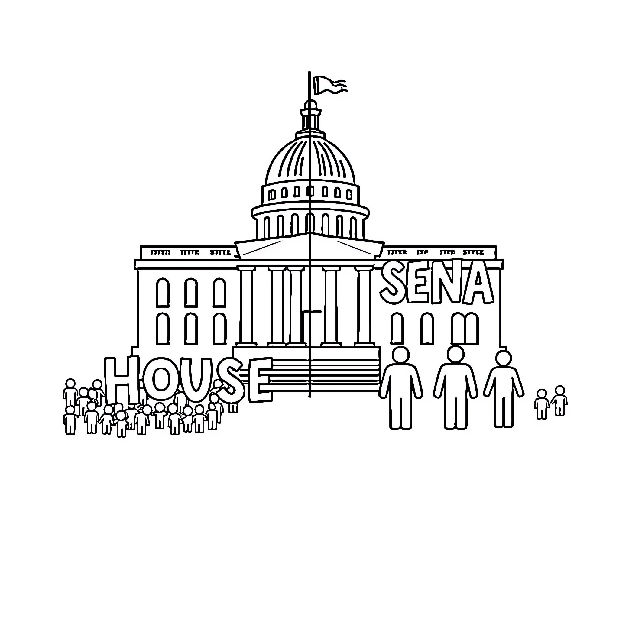 Capitol Building with people and political text Coloring Page (free black-and-white line drawing printable PDF for all, from beginners to advanced learners, including children, teens, adults, and seniors)