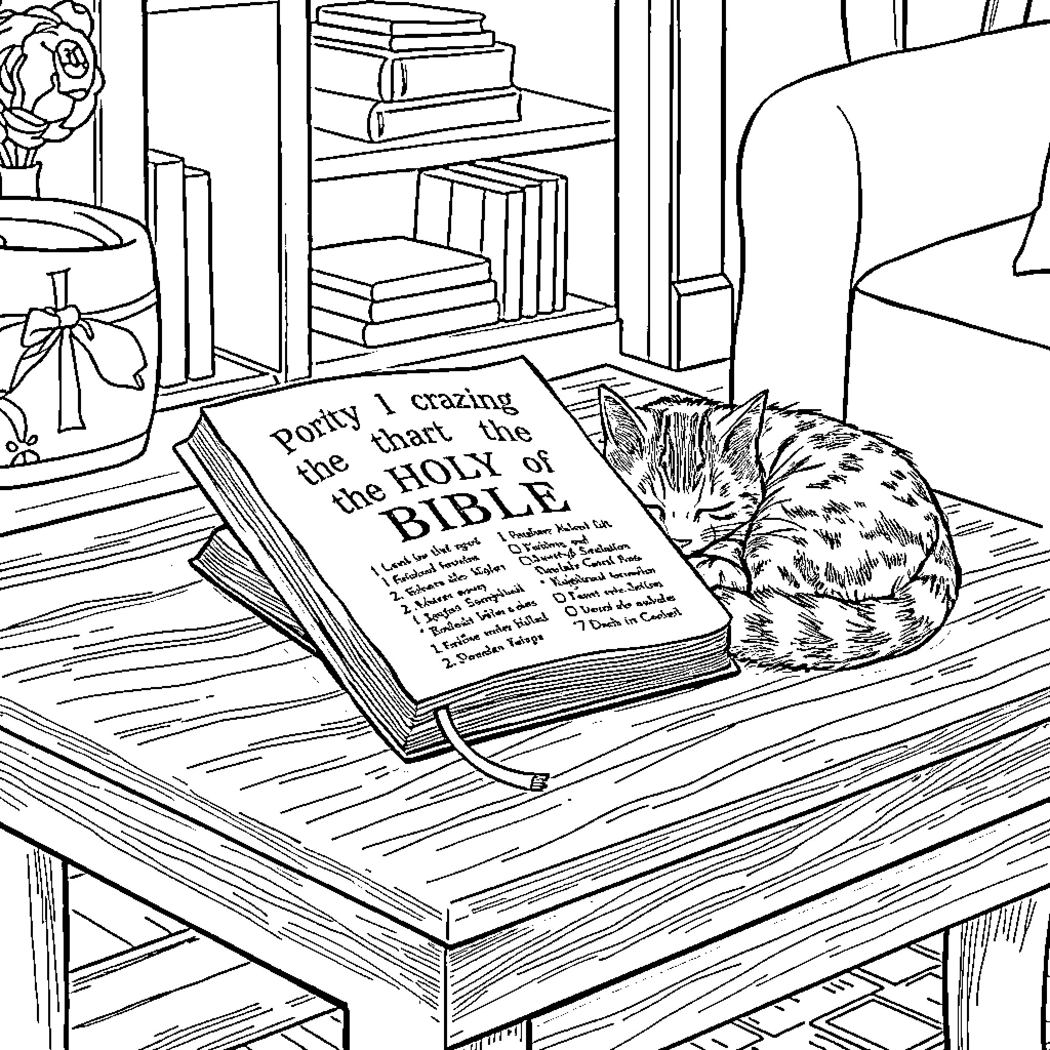 Bible and a sleeping cat in a cozy study Coloring Page (free black-and-white line drawing printable PDF for all, from beginners to advanced learners, including children, teens, adults, and seniors)