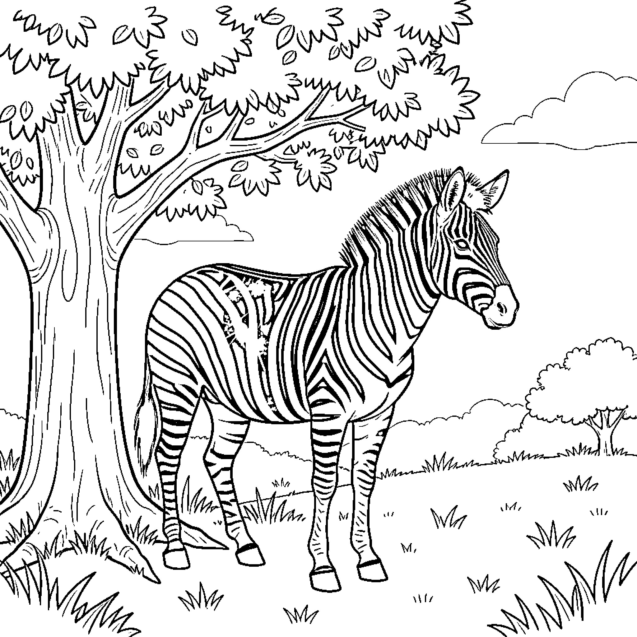 Zebra standing in a tranquil forest scene Coloring Page (free black-and-white line drawing printable PDF for all, from beginners to advanced learners, including children, teens, adults, and seniors)