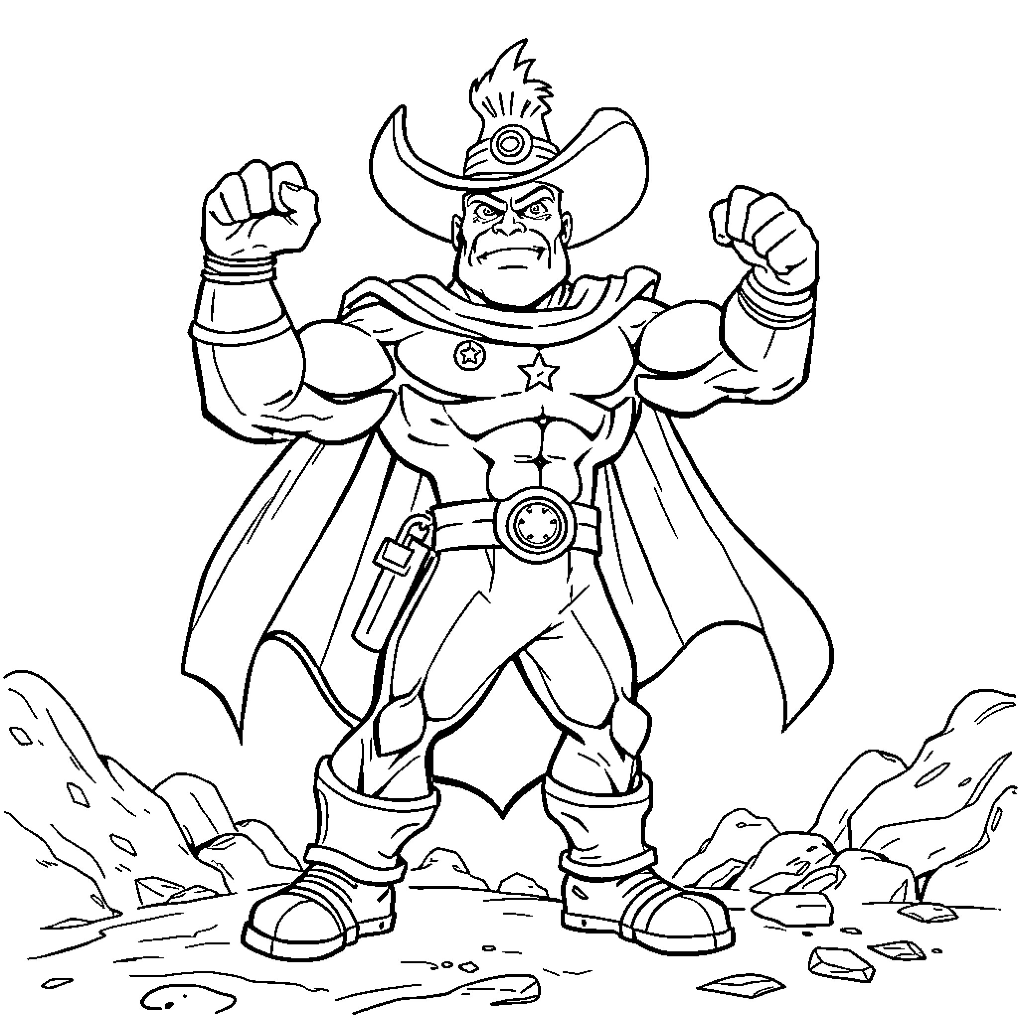 El Chapulín Colorado standing heroically in the desert Coloring Page (free black-and-white line drawing printable PDF for all, from beginners to advanced learners, including children, teens, adults, and seniors)