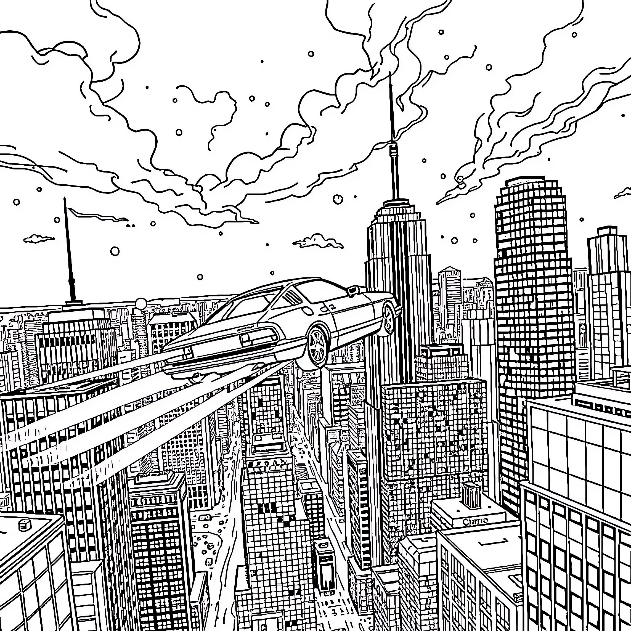 Flying Car soaring over futuristic city skyline Coloring Page (free black-and-white line drawing printable PDF for all, from beginners to advanced learners, including children, teens, adults, and seniors)