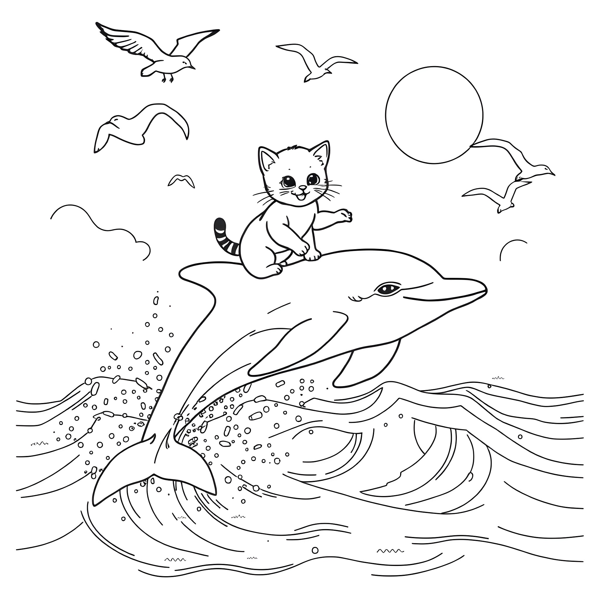 Kitten riding a friendly dolphin in the ocean Coloring Page (free black-and-white line drawing printable PDF for all, from beginners to advanced learners, including children, teens, adults, and seniors)