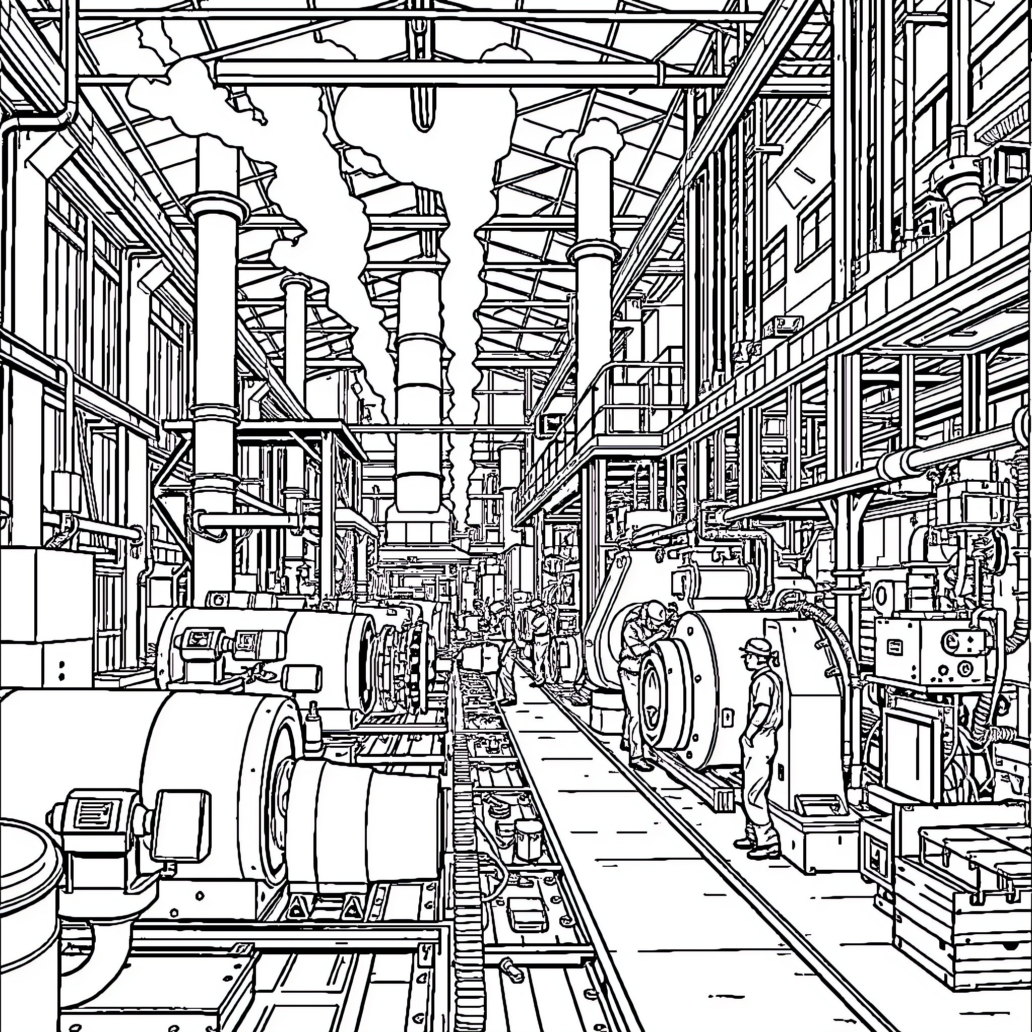 Factory Workshop with Machinery and Equipment Coloring Page (free black-and-white line drawing printable PDF for all, from beginners to advanced learners, including children, teens, adults, and seniors)