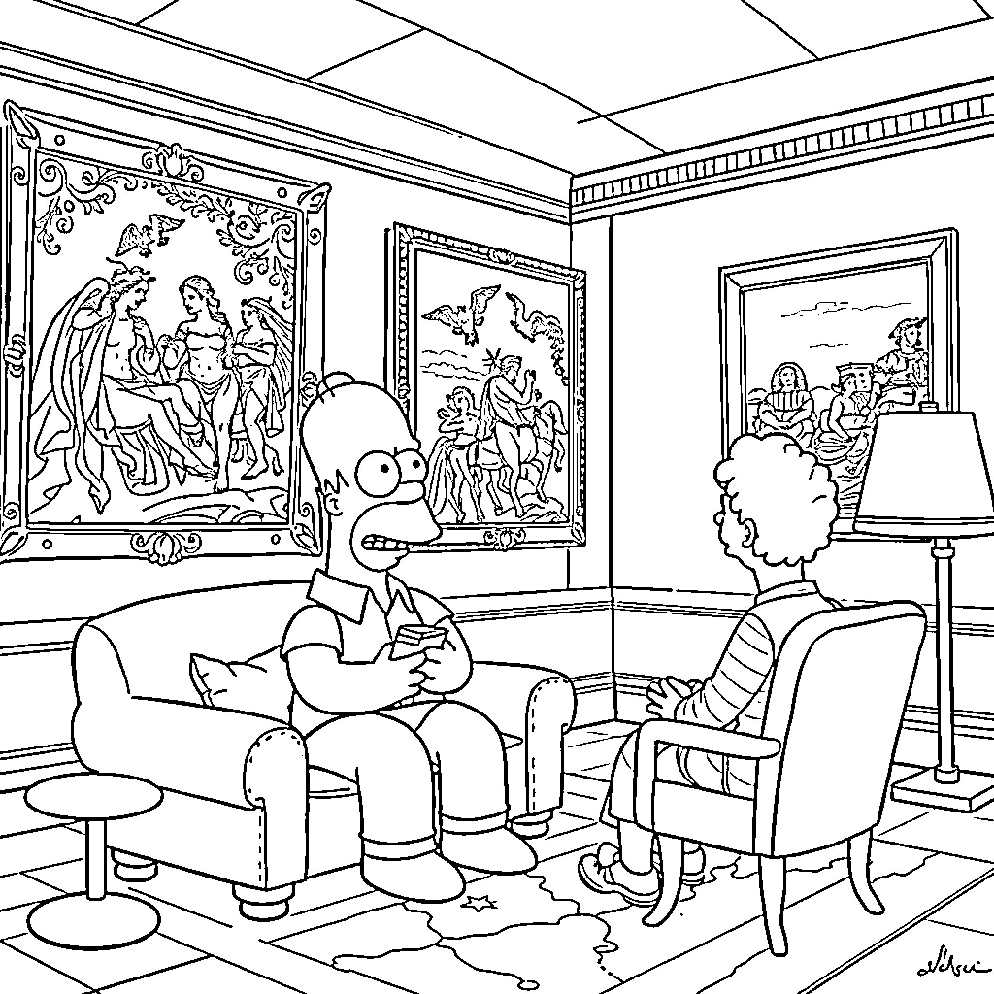 Homer Simpson Appreciating Fine Art in a Museum Setting Coloring Page (free black-and-white line drawing printable PDF for all, from beginners to advanced learners, including children, teens, adults, and seniors)