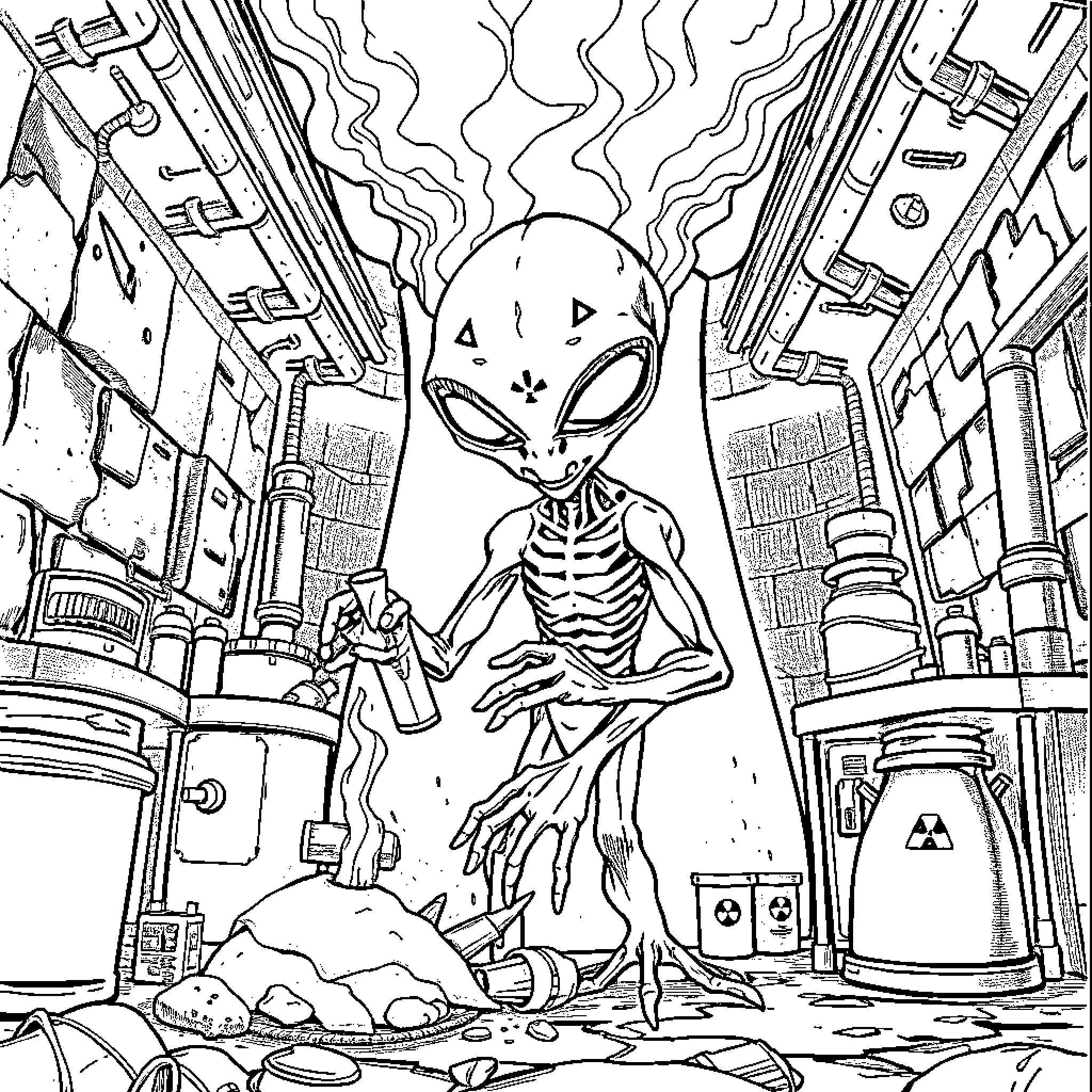 Alien exploring abandoned city ruins Coloring Page (free black-and-white line drawing printable PDF for all, from beginners to advanced learners, including children, teens, adults, and seniors)