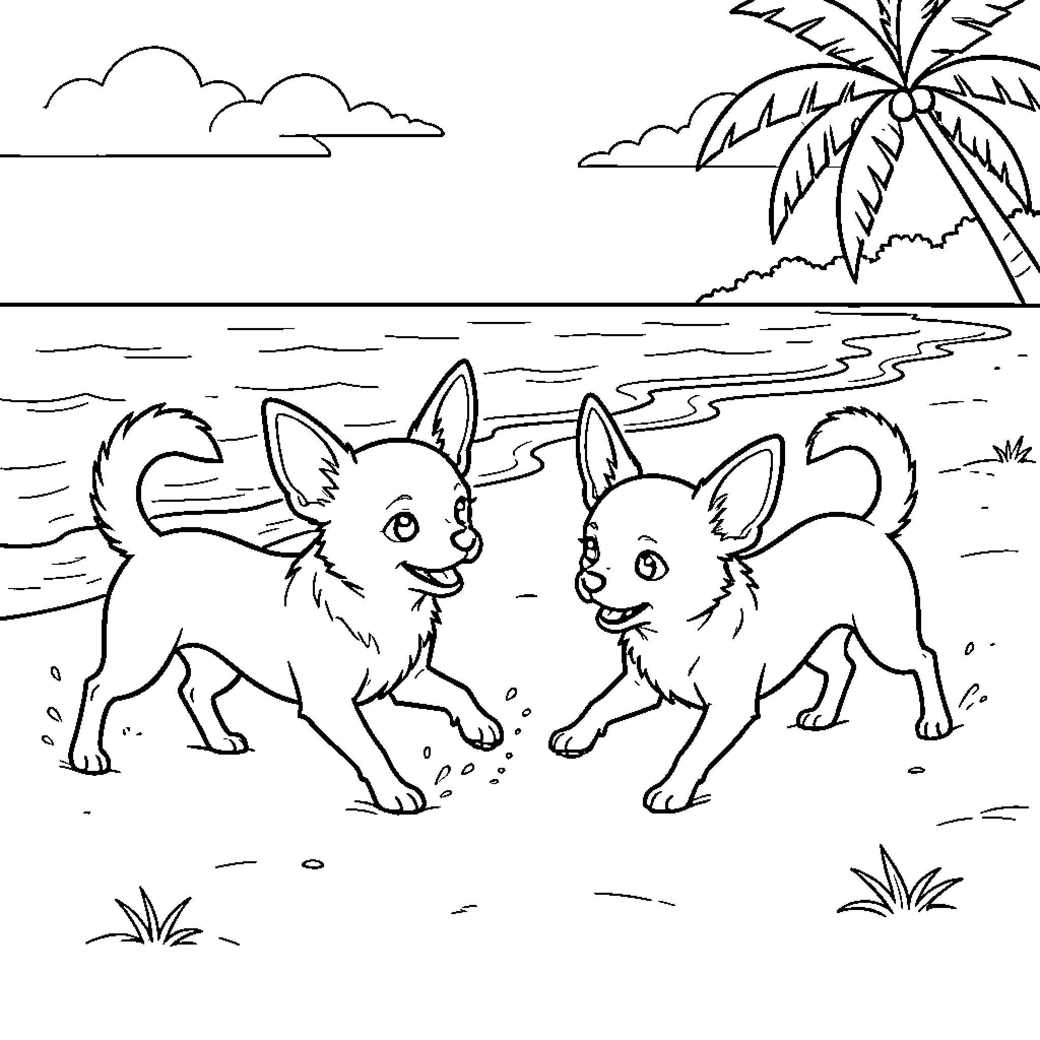 Chihuahua dogs playing joyfully on a tropical beach Coloring Page (free black-and-white line drawing printable PDF for all, from beginners to advanced learners, including children, teens, adults, and seniors)