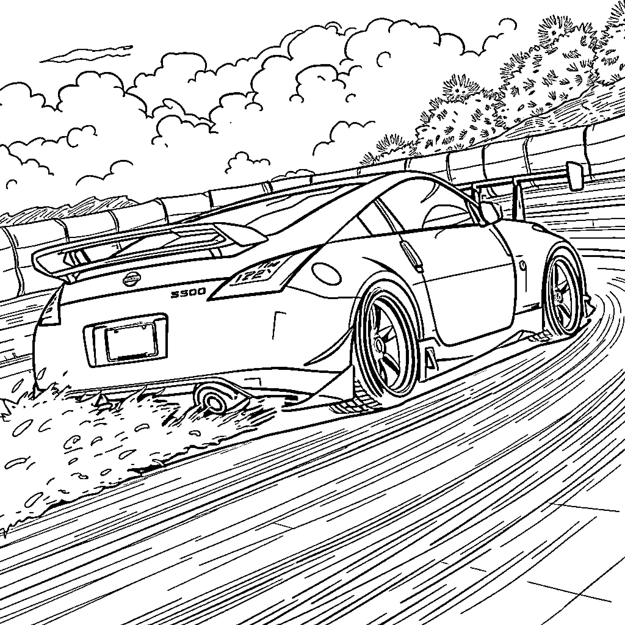 Nissan sports car racing on winding road Coloring Page (free black-and-white line drawing printable PDF for all, from beginners to advanced learners, including children, teens, adults, and seniors)