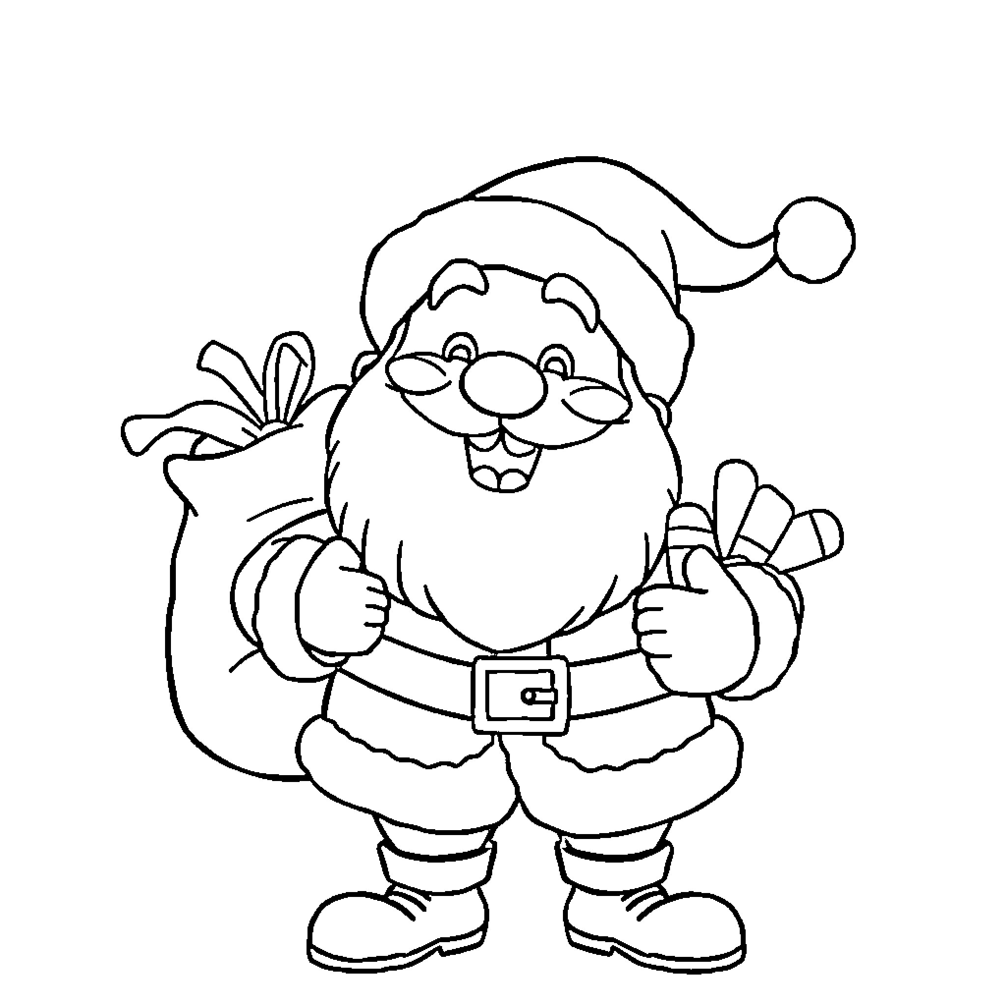 Santa Claus holding a gift bag and waving Coloring Page (free black-and-white line drawing printable PDF for all, from beginners to advanced learners, including children, teens, adults, and seniors)