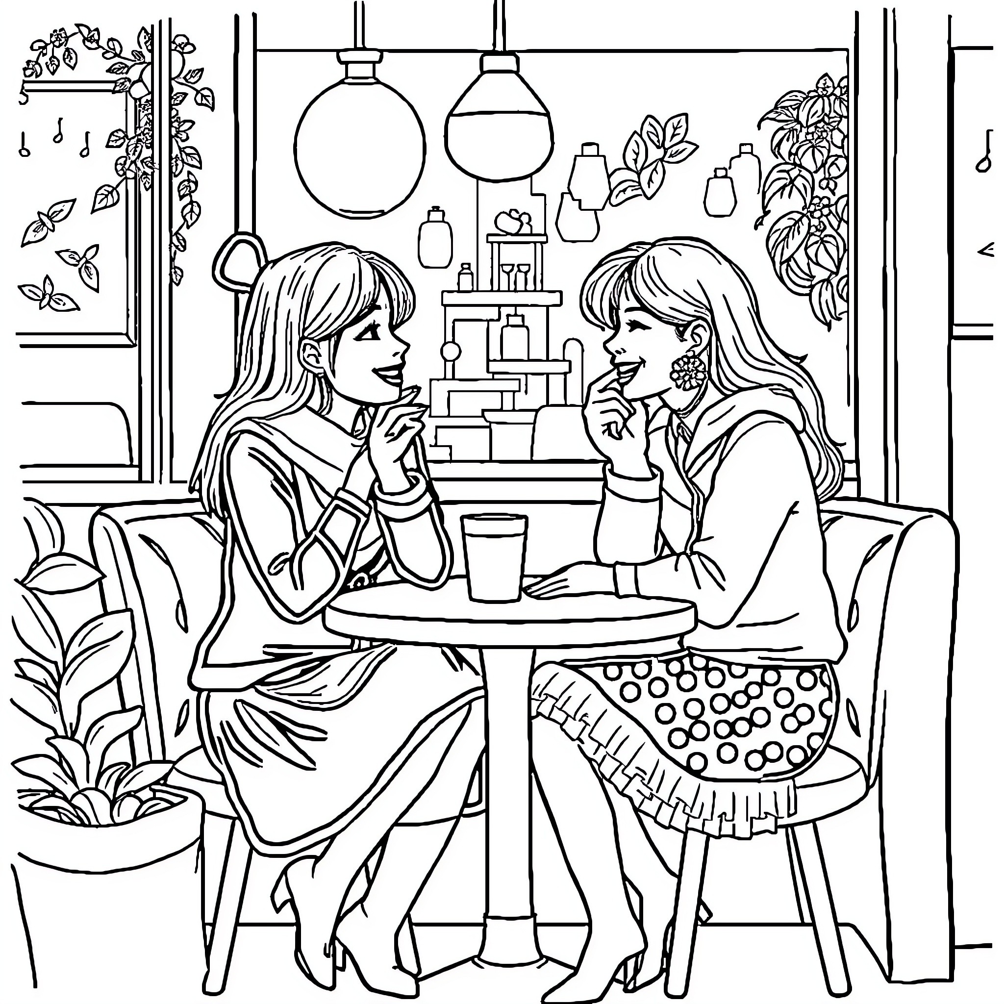 Marin friends chatting at a cozy cafe Coloring Page (free black-and-white line drawing printable PDF for all, from beginners to advanced learners, including children, teens, adults, and seniors)