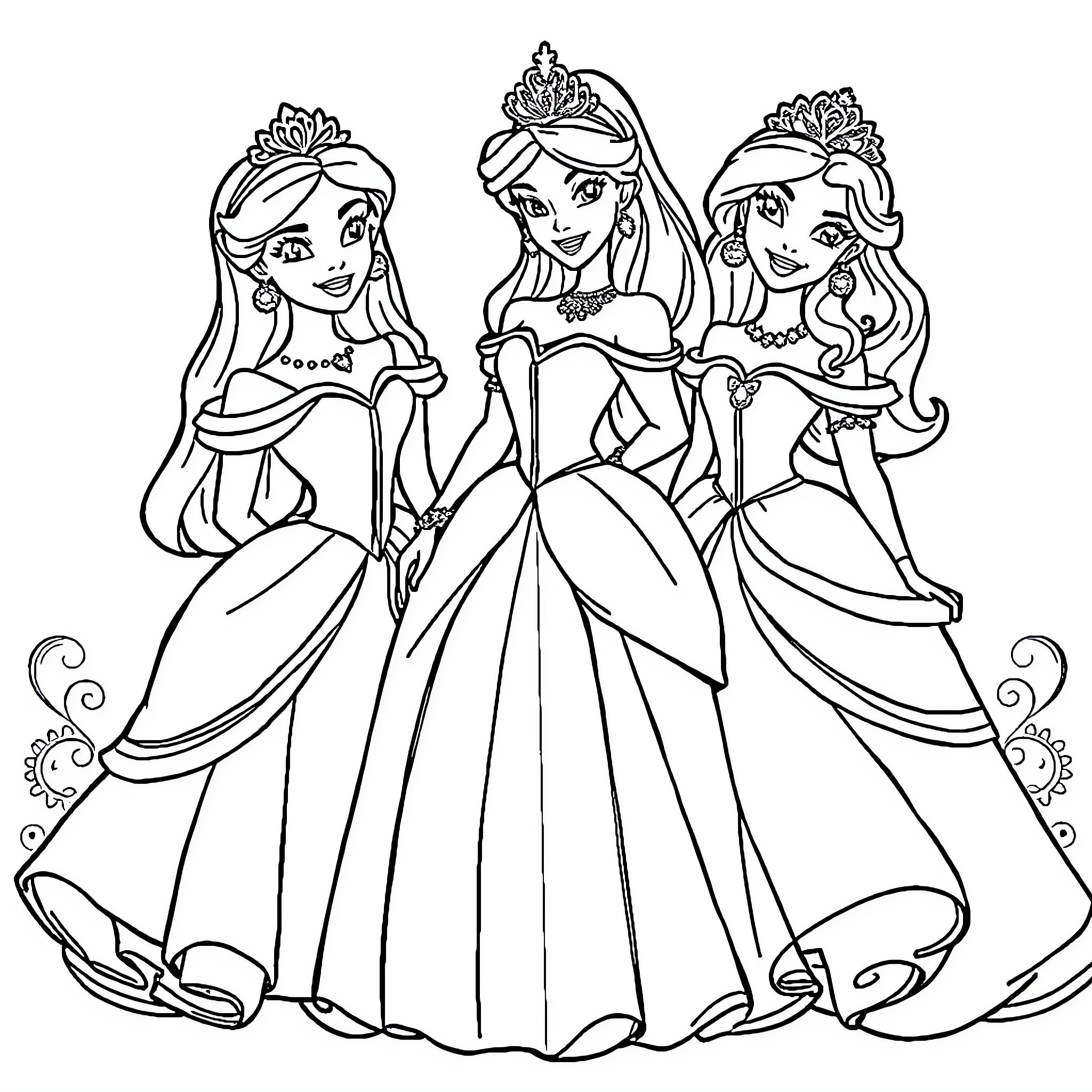 Disney Princess trio in elegant gowns and tiaras Coloring Page (free black-and-white line drawing printable PDF for all, from beginners to advanced learners, including children, teens, adults, and seniors)