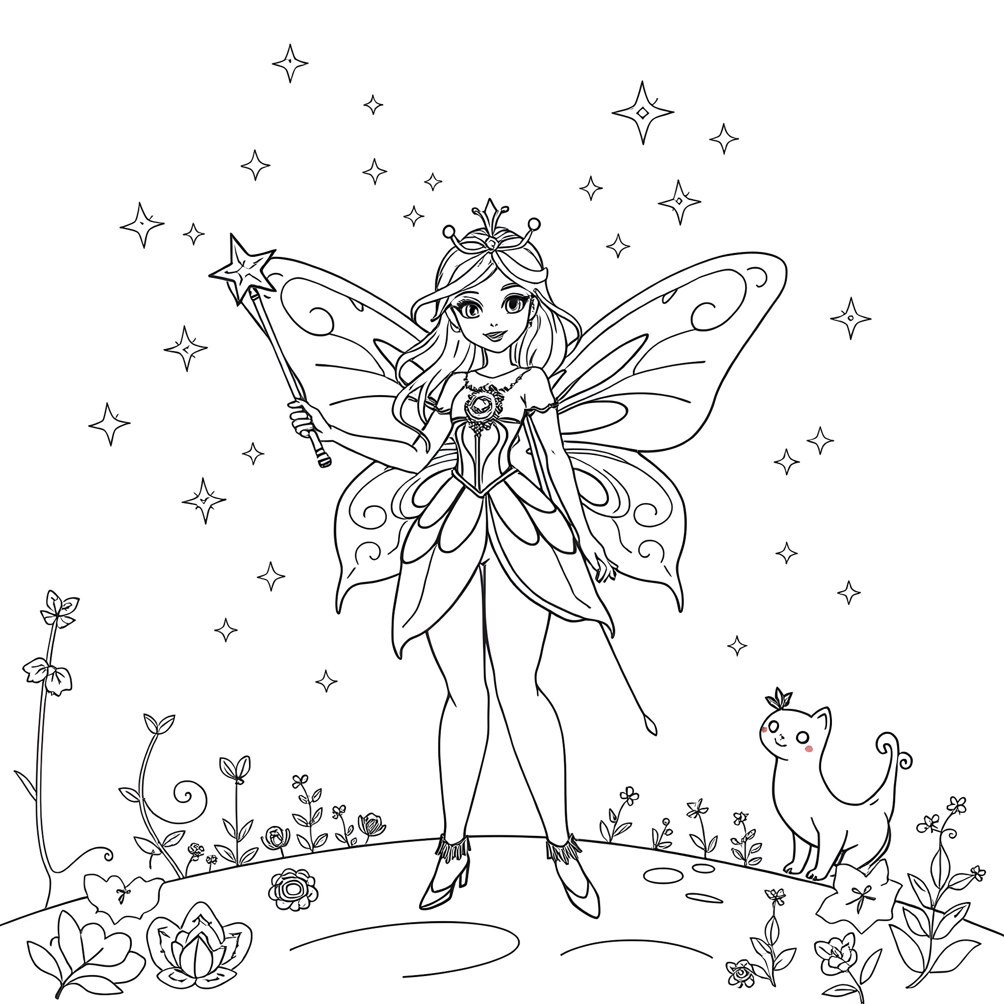 Star Fairy in Enchanted Garden Coloring Page (free black-and-white line drawing printable PDF for all, from beginners to advanced learners, including children, teens, adults, and seniors)