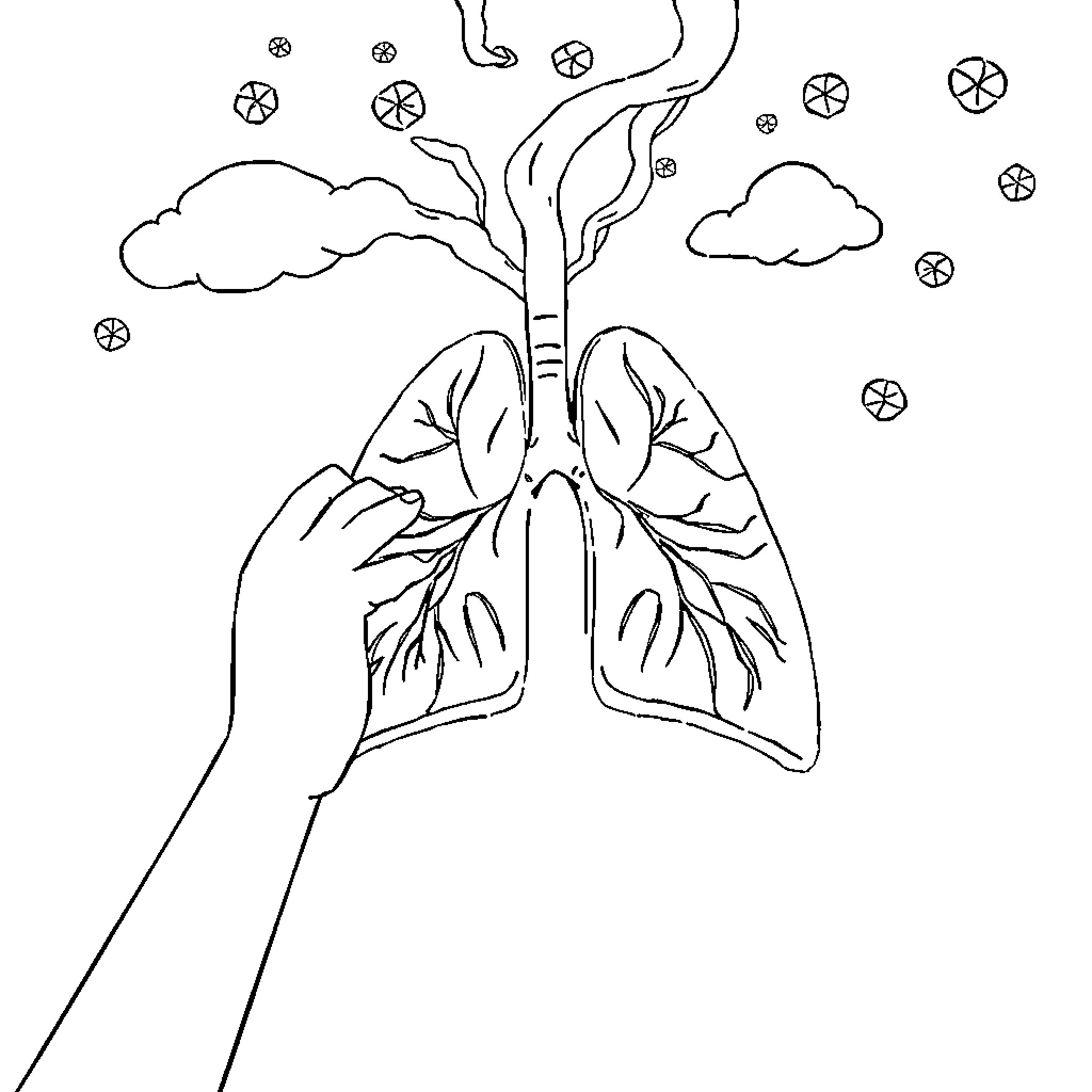 Breath of Life: Lungs and Nature's Embrace Coloring Page (free black-and-white line drawing printable PDF for all, from beginners to advanced learners, including children, teens, adults, and seniors)