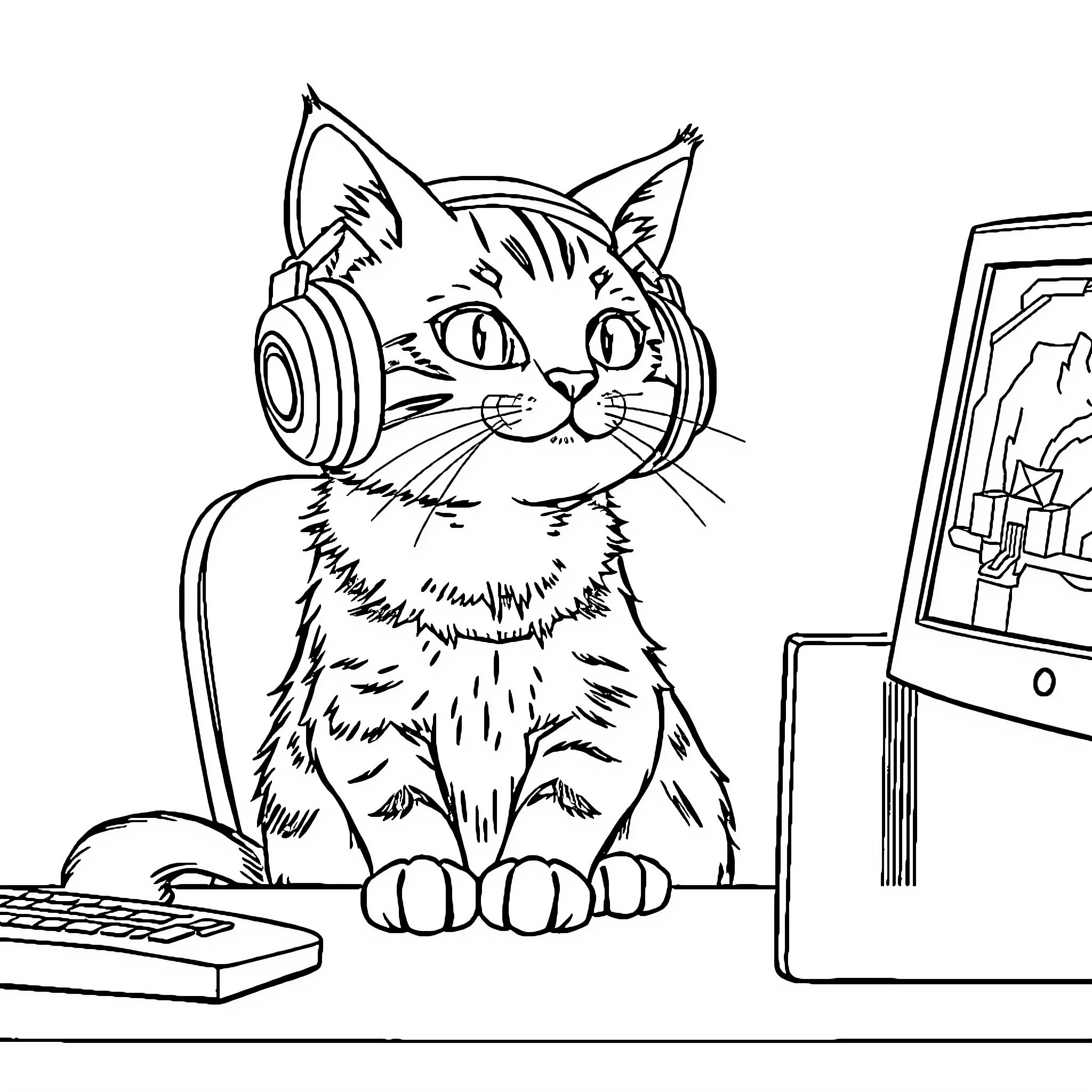 Cat listening to music on computer Coloring Page (free black-and-white line drawing printable PDF for all, from beginners to advanced learners, including children, teens, adults, and seniors)