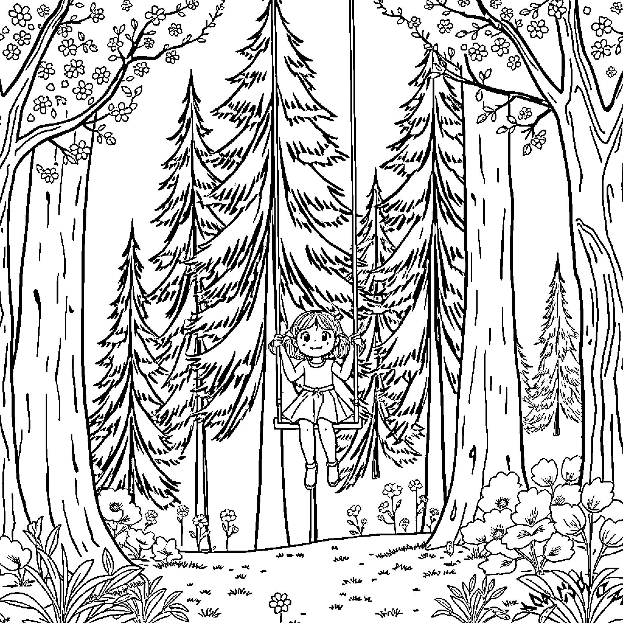 Girl exploring enchanted forest with swing Coloring Page (free black-and-white line drawing printable PDF for all, from beginners to advanced learners, including children, teens, adults, and seniors)
