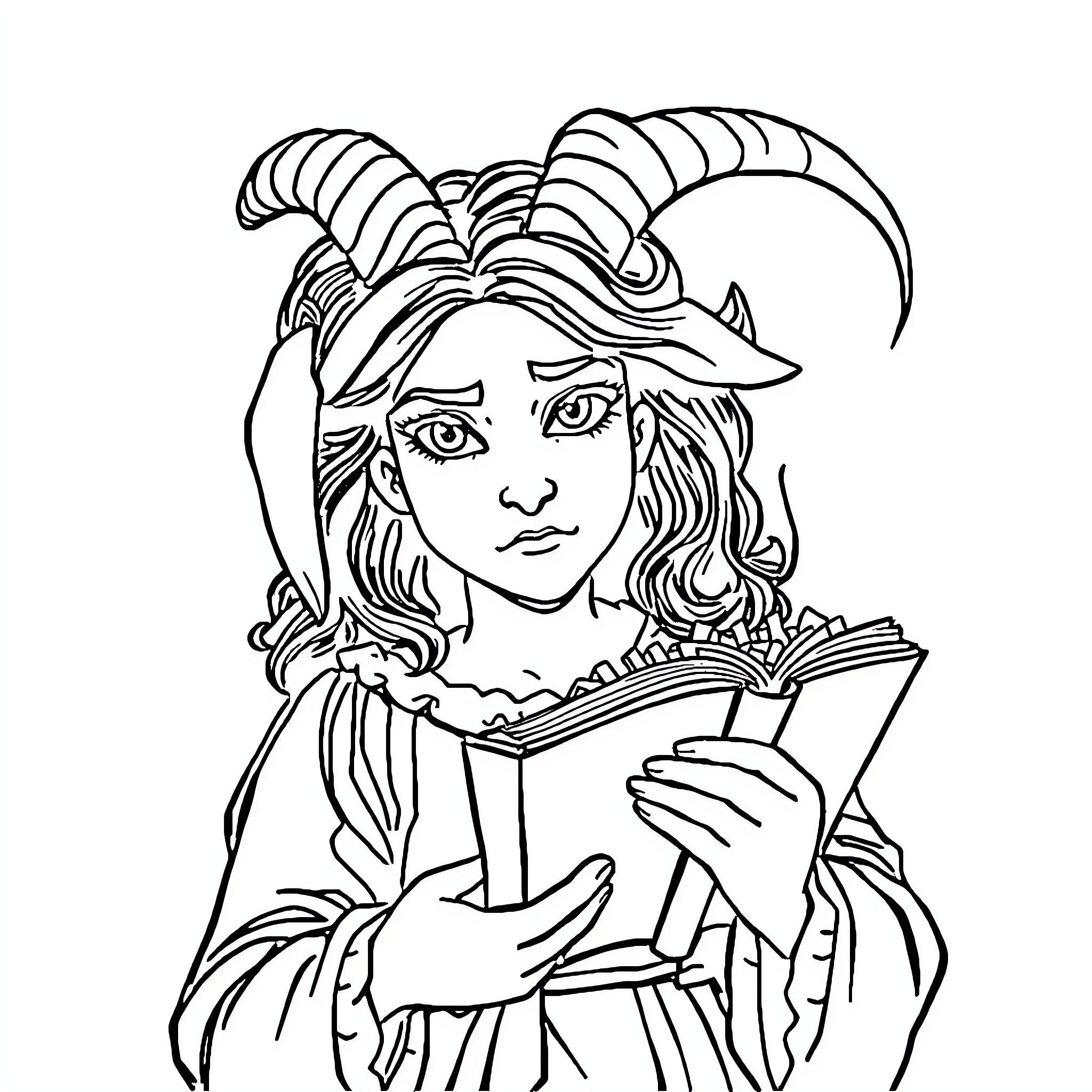 Hermione reading a book intently Coloring Page (free black-and-white line drawing printable PDF for all, from beginners to advanced learners, including children, teens, adults, and seniors)