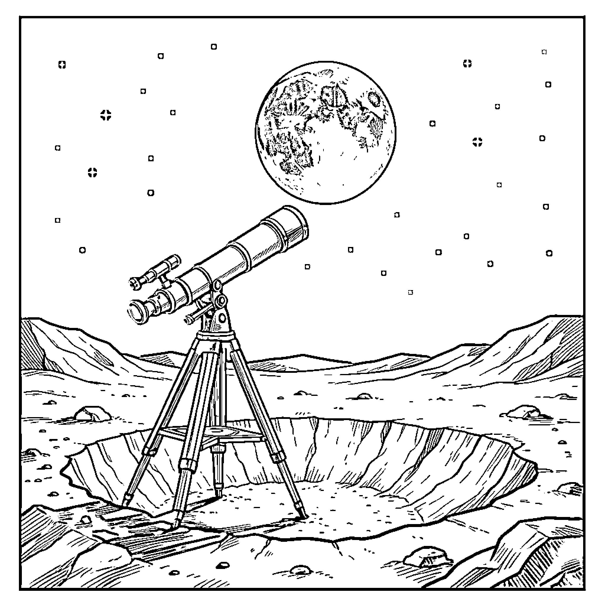 Telescope observing the moon in the night sky Coloring Page (free black-and-white line drawing printable PDF for all, from beginners to advanced learners, including children, teens, adults, and seniors)