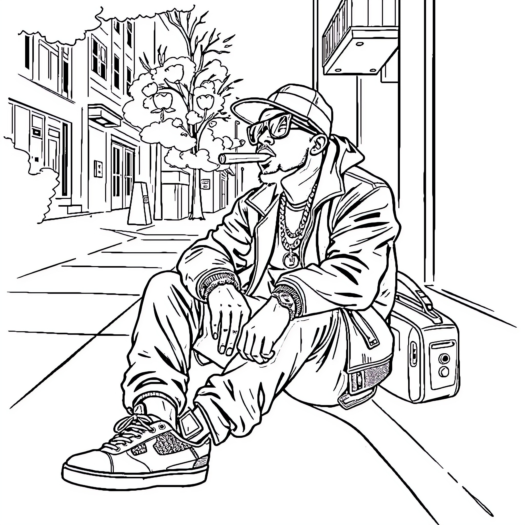 EBK Jaaybo depicted in urban street scene Coloring Page (free black-and-white line drawing printable PDF for all, from beginners to advanced learners, including children, teens, adults, and seniors)