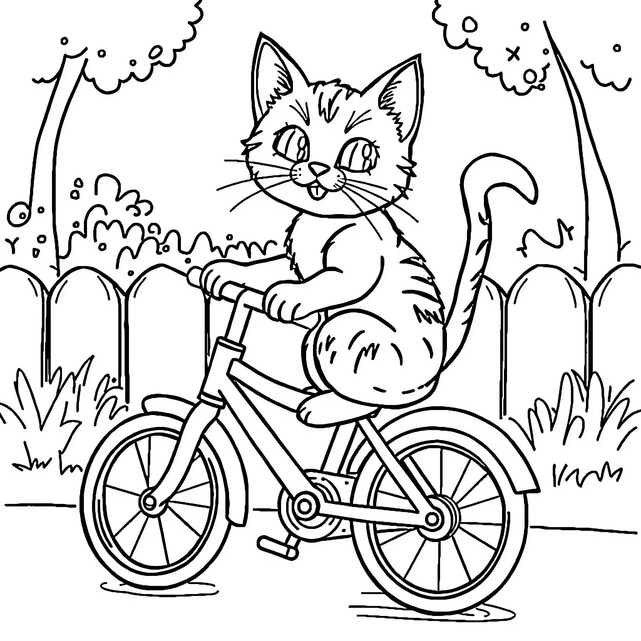 Cat riding a bicycle in the forest Coloring Page (free black-and-white line drawing printable PDF for all, from beginners to advanced learners, including children, teens, adults, and seniors)