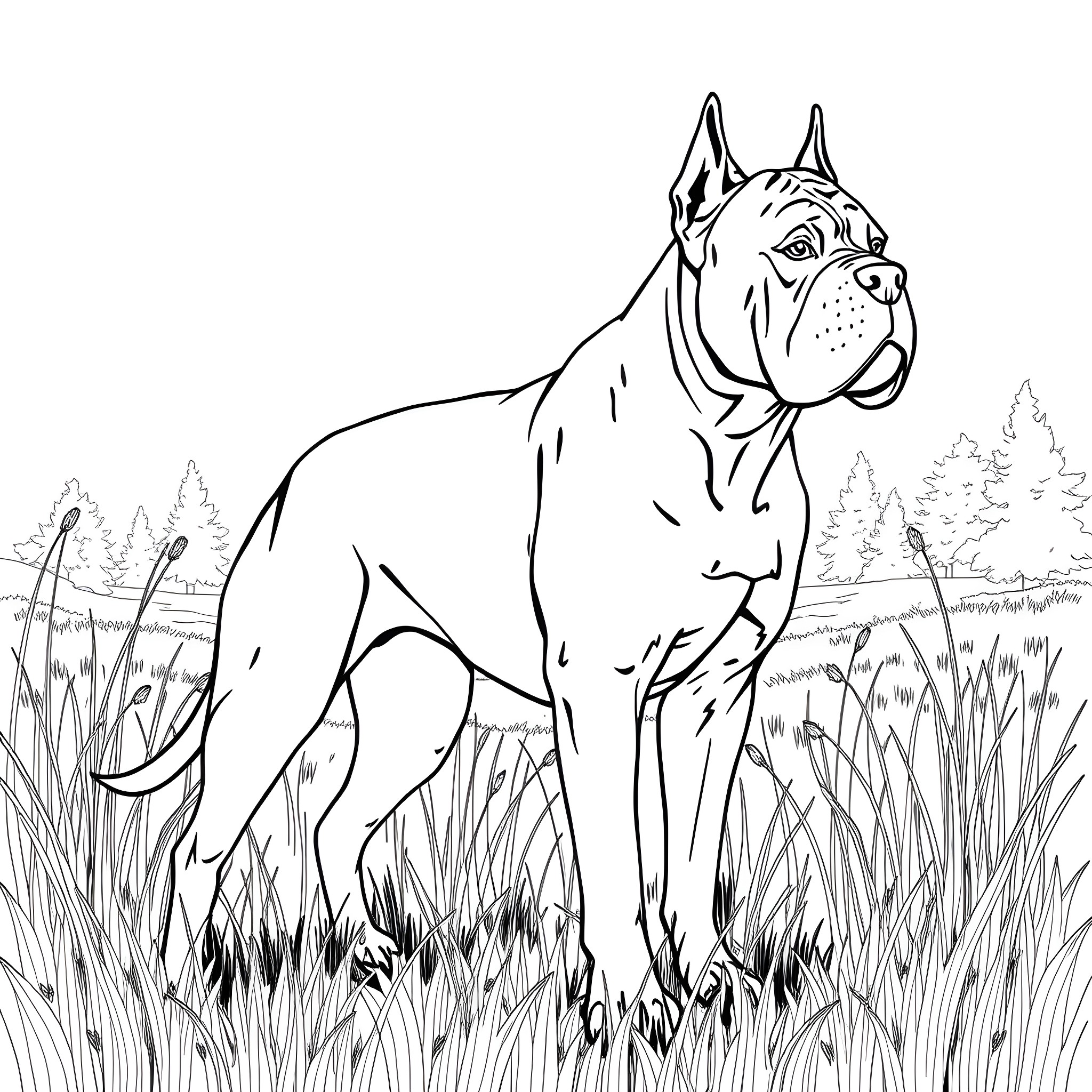 Cane Corso standing alert in the wilderness Coloring Page (free black-and-white line drawing printable PDF for all, from beginners to advanced learners, including children, teens, adults, and seniors)