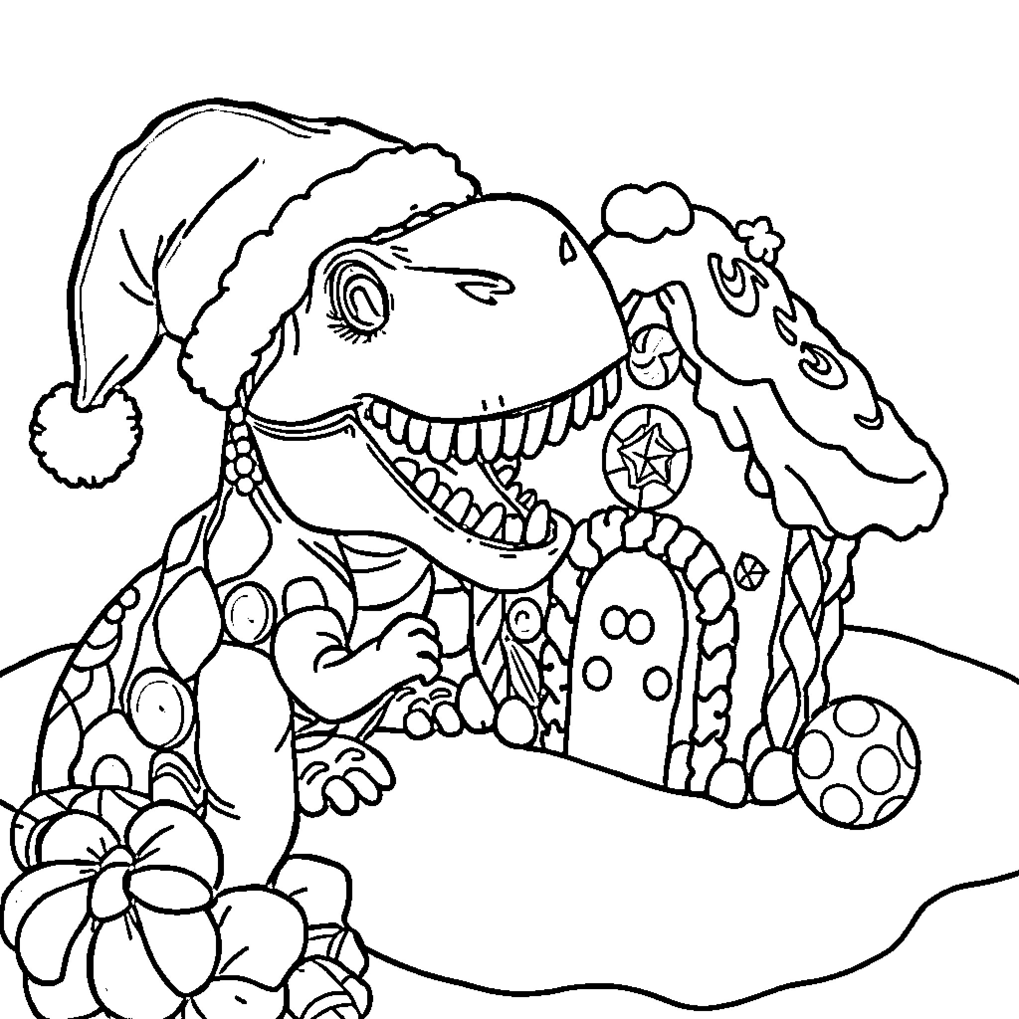 Dinosaur wearing a Santa hat playing in winter scenery Coloring Page (free black-and-white line drawing printable PDF for all, from beginners to advanced learners, including children, teens, adults, and seniors)