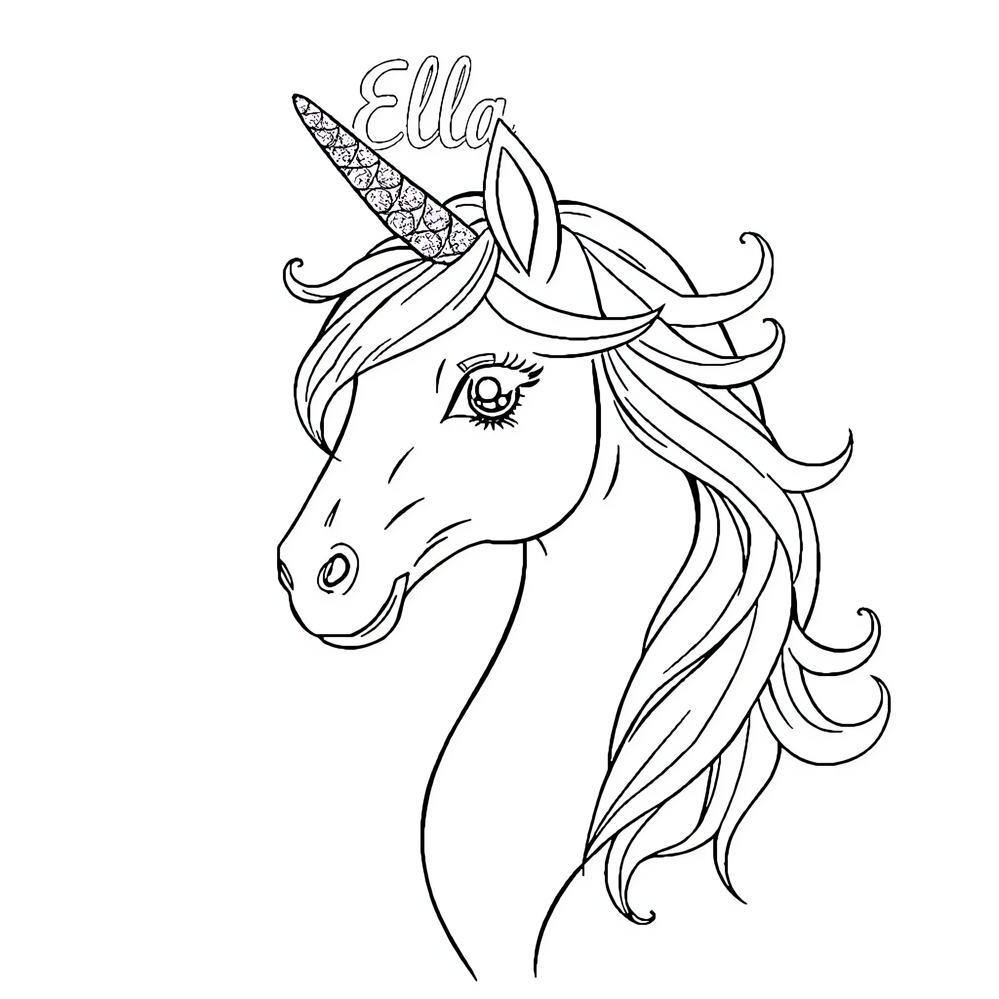 Unicorn with flowing mane and horn Coloring Page (free black-and-white line drawing printable PDF for all, from beginners to advanced learners, including children, teens, adults, and seniors)