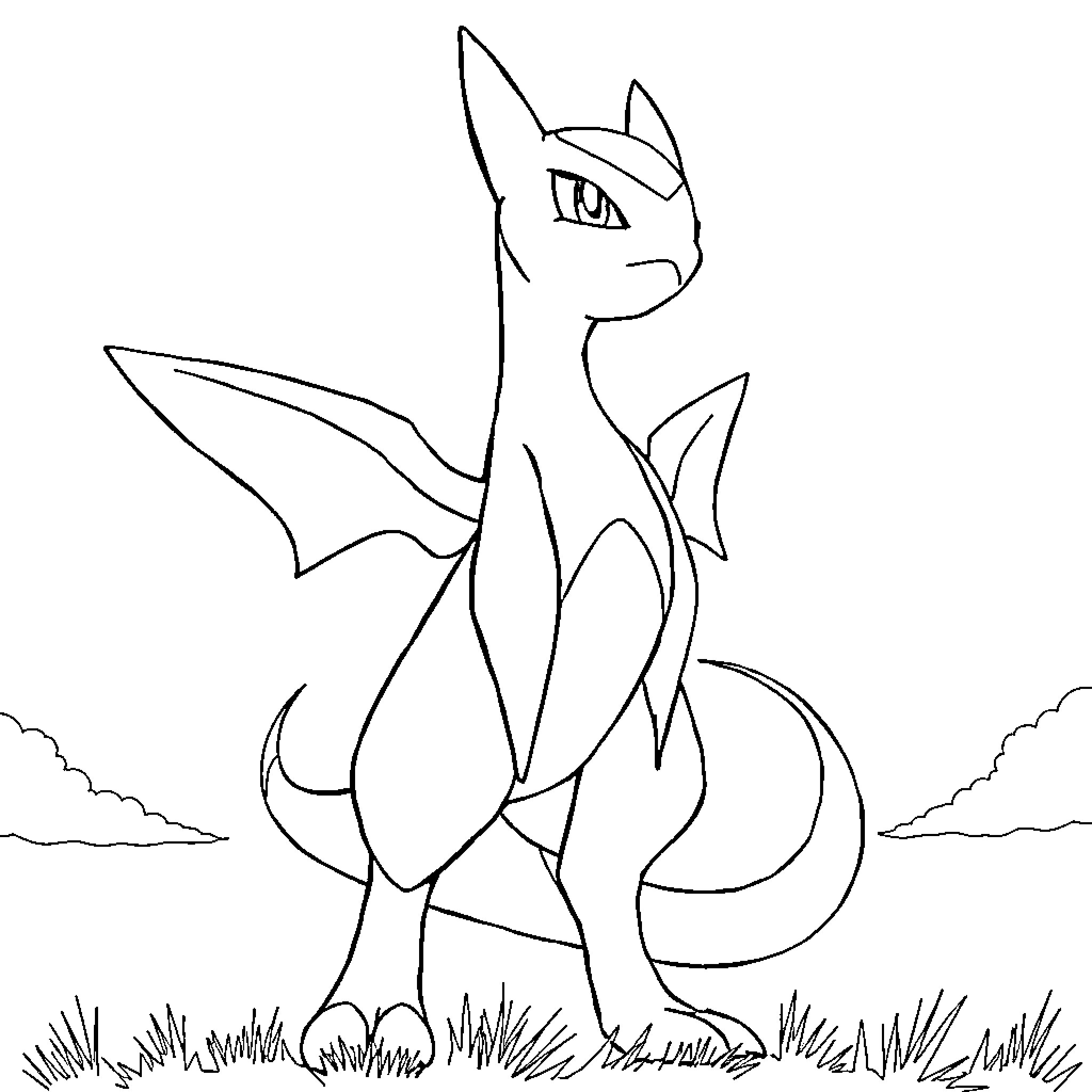 Mewto in a natural outdoor setting Coloring Page (free black-and-white line drawing printable PDF for all, from beginners to advanced learners, including children, teens, adults, and seniors)