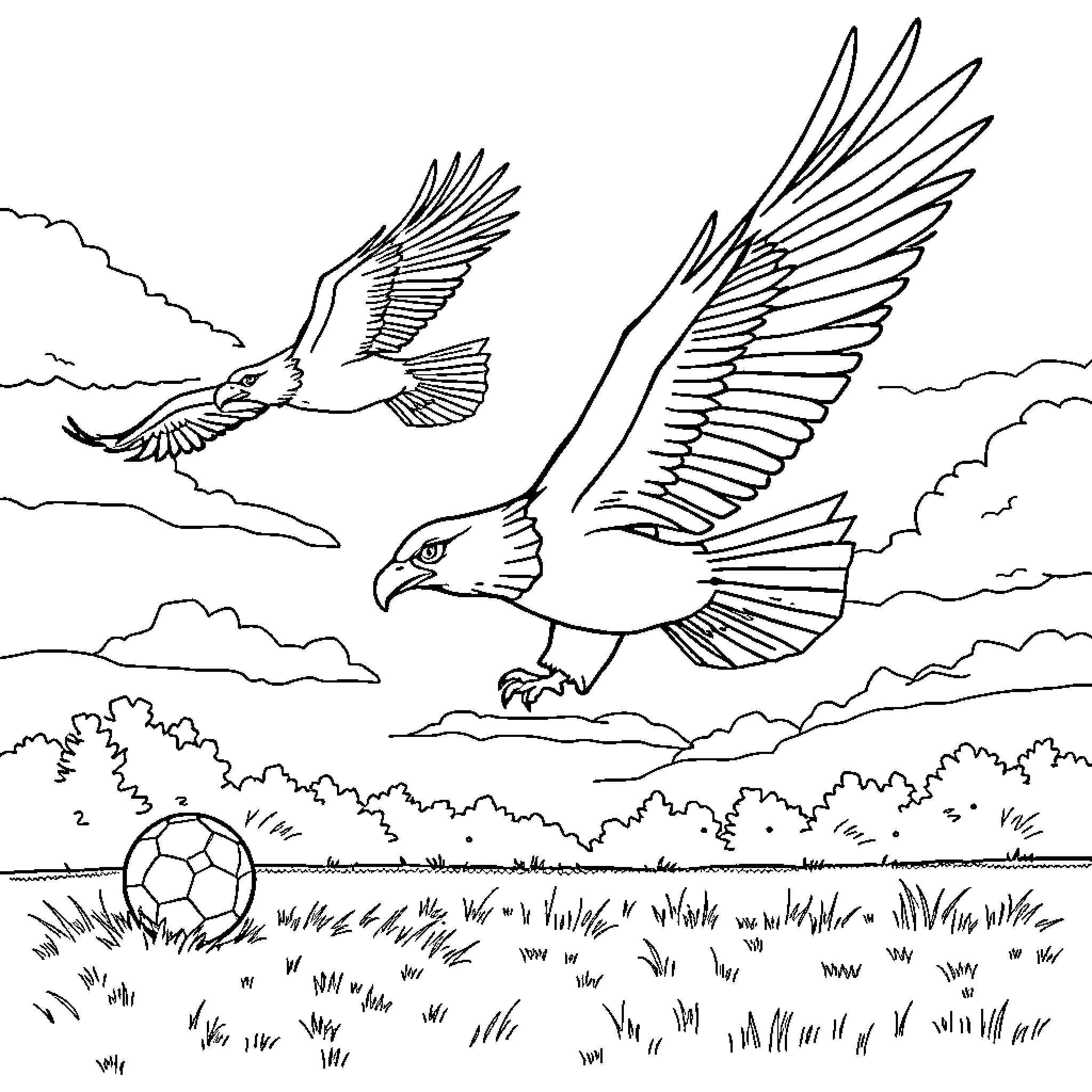 Eagles soaring gracefully in the sky Coloring Page (free black-and-white line drawing printable PDF for all, from beginners to advanced learners, including children, teens, adults, and seniors)