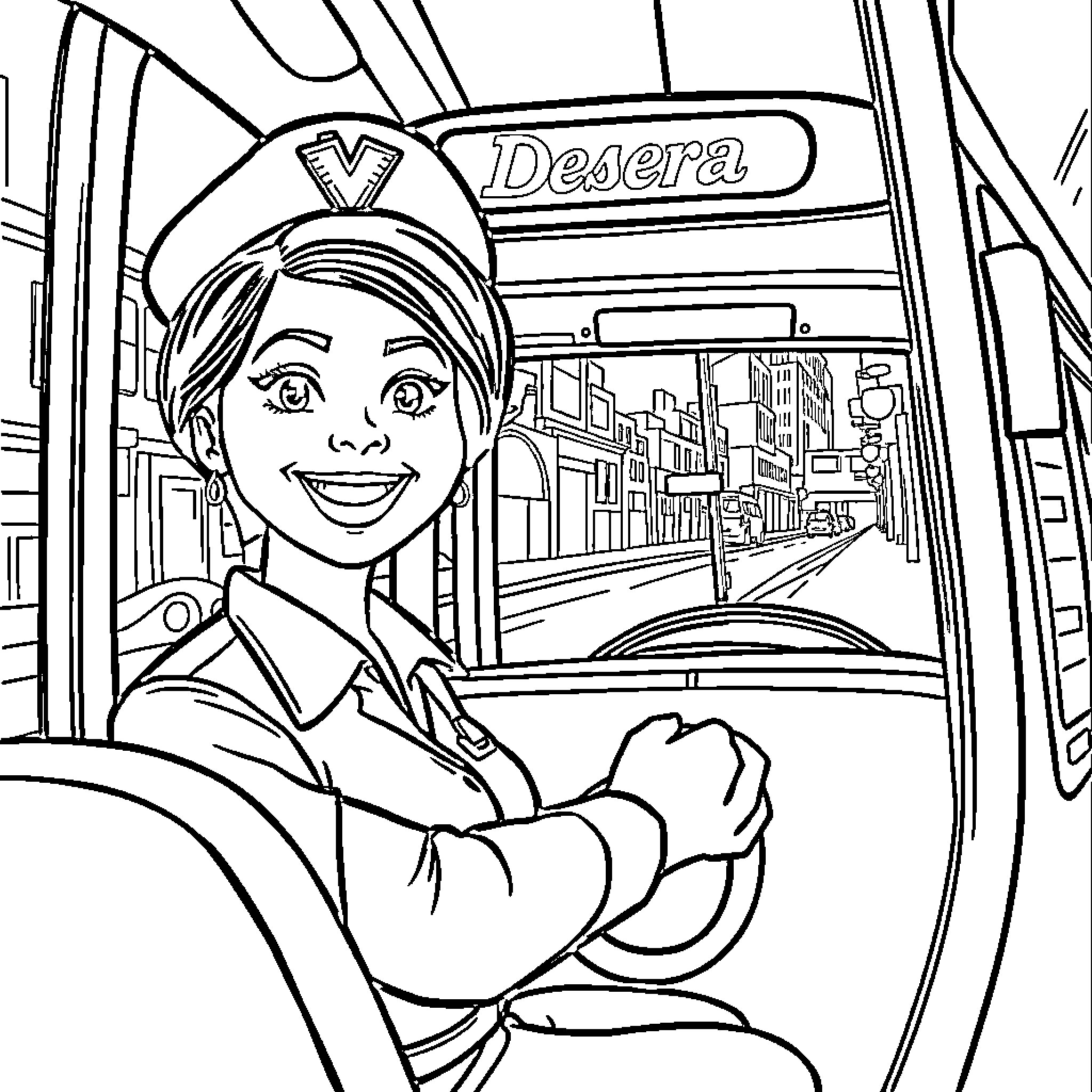 Bus Driver Smiling and Driving Through the City Coloring Page (free black-and-white line drawing printable PDF for all, from beginners to advanced learners, including children, teens, adults, and seniors)