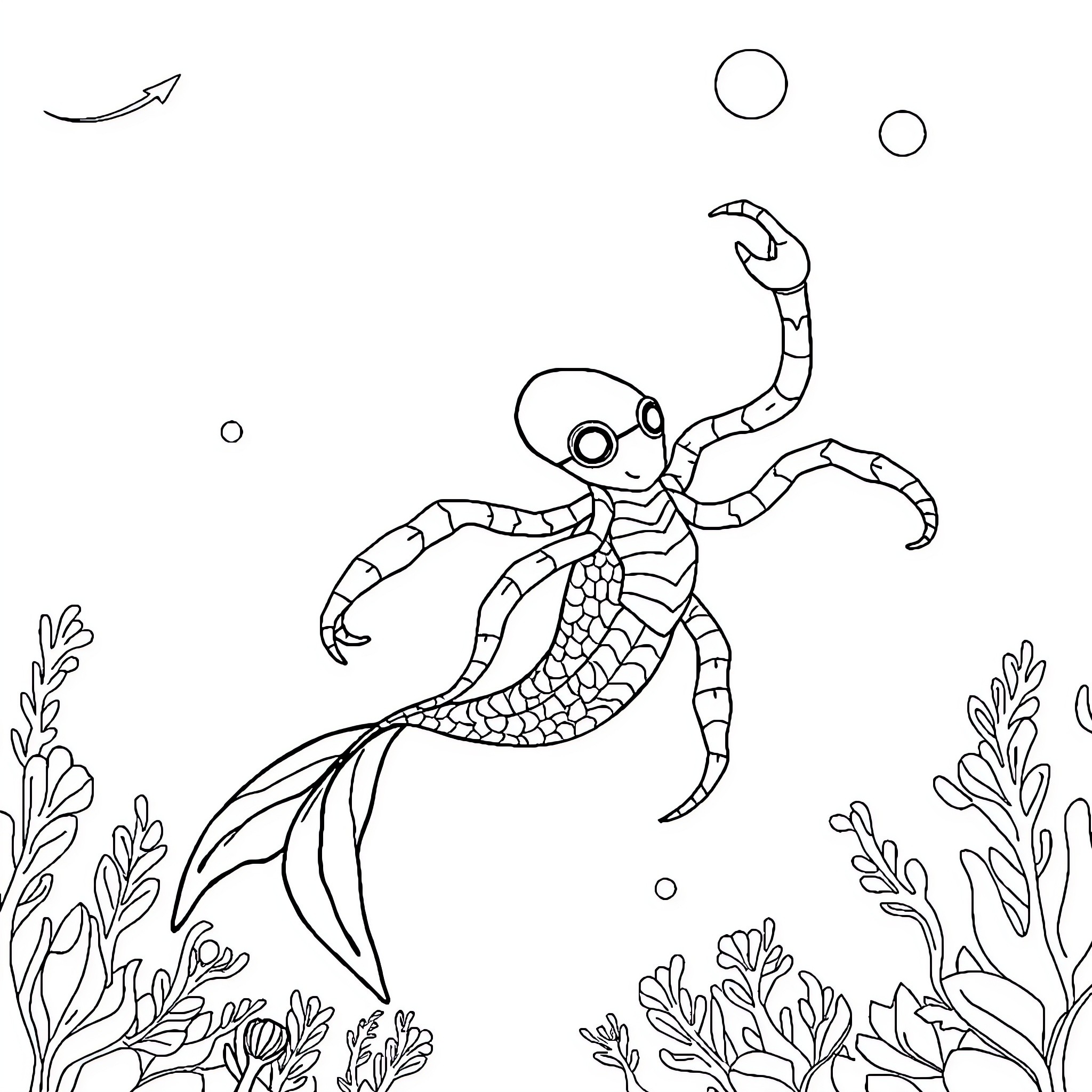 Spiderman Octopus Swimming Underwater with Sea Plants Coloring Page (free black-and-white line drawing printable PDF for all, from beginners to advanced learners, including children, teens, adults, and seniors)