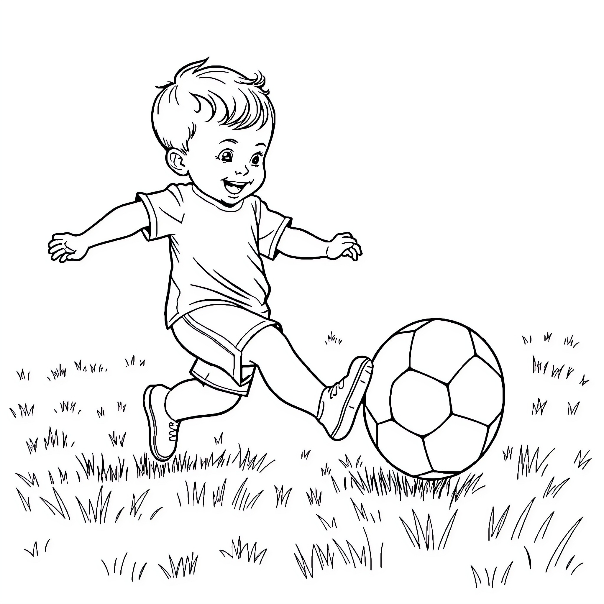Baby playing happily with soccer ball in the park Coloring Page (free black-and-white line drawing printable PDF for all, from beginners to advanced learners, including children, teens, adults, and seniors)
