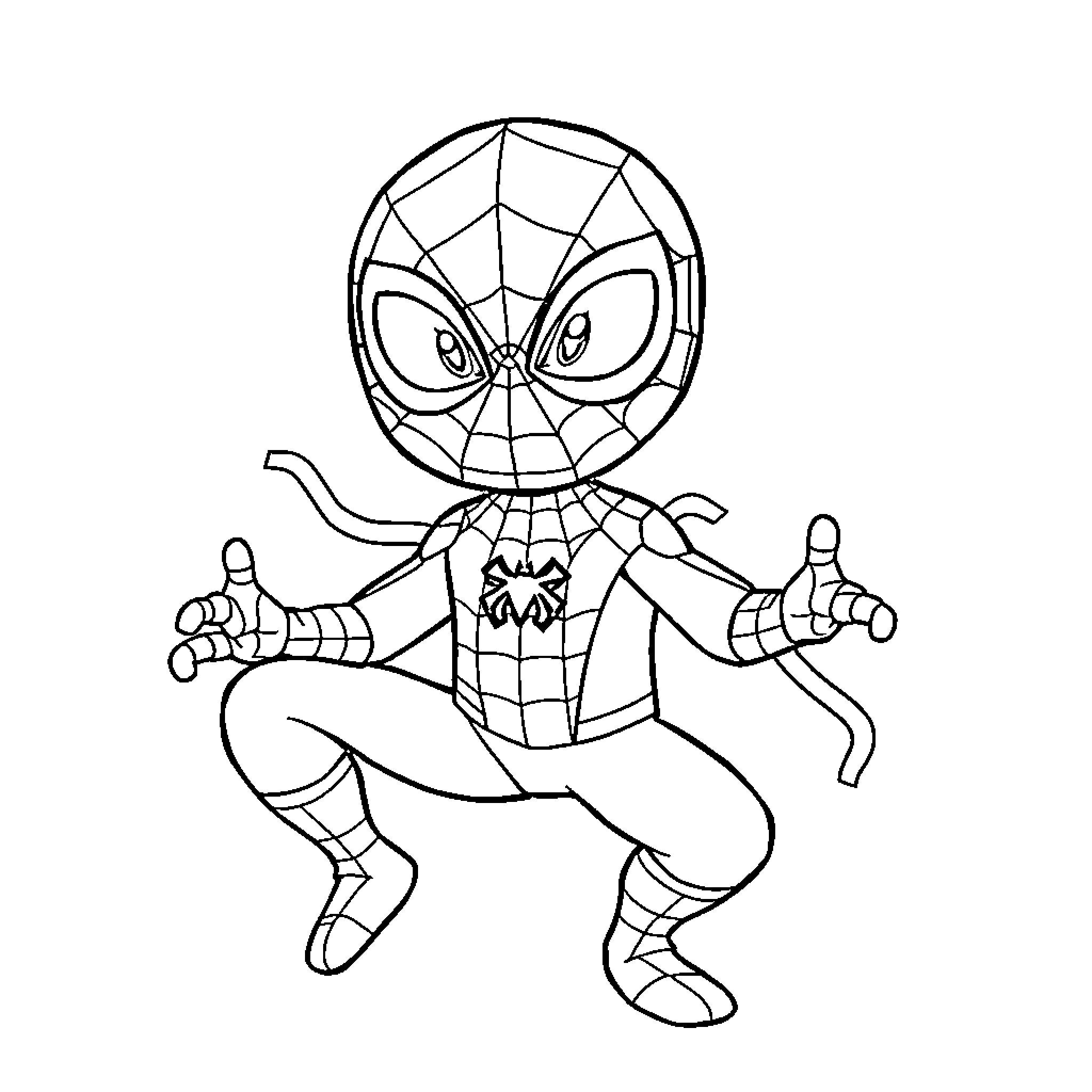 Spiderman in action pose with web Coloring Page (free black-and-white line drawing printable PDF for all, from beginners to advanced learners, including children, teens, adults, and seniors)