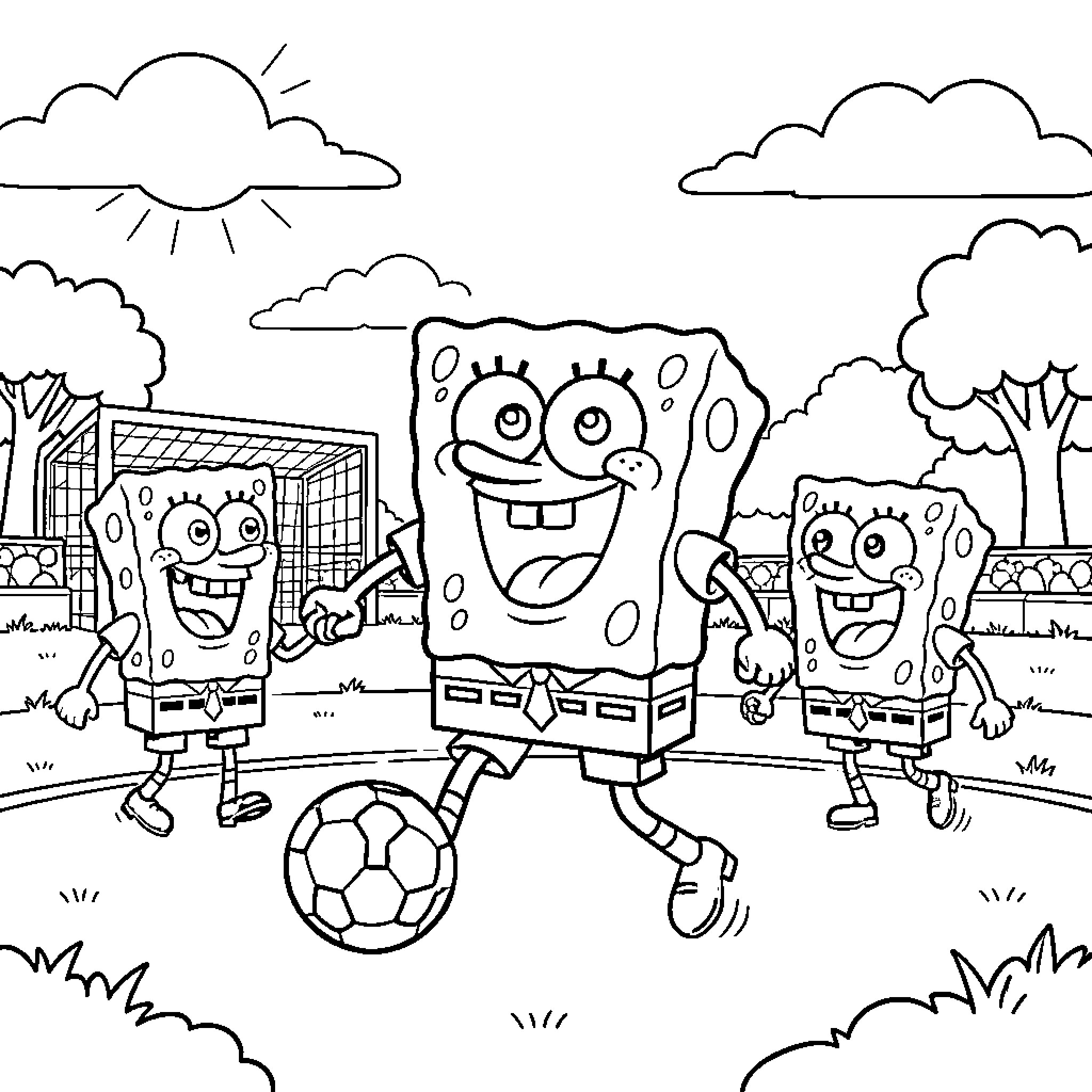 Spongebob playing soccer in a field with friends Coloring Page (free black-and-white line drawing printable PDF for all, from beginners to advanced learners, including children, teens, adults, and seniors)