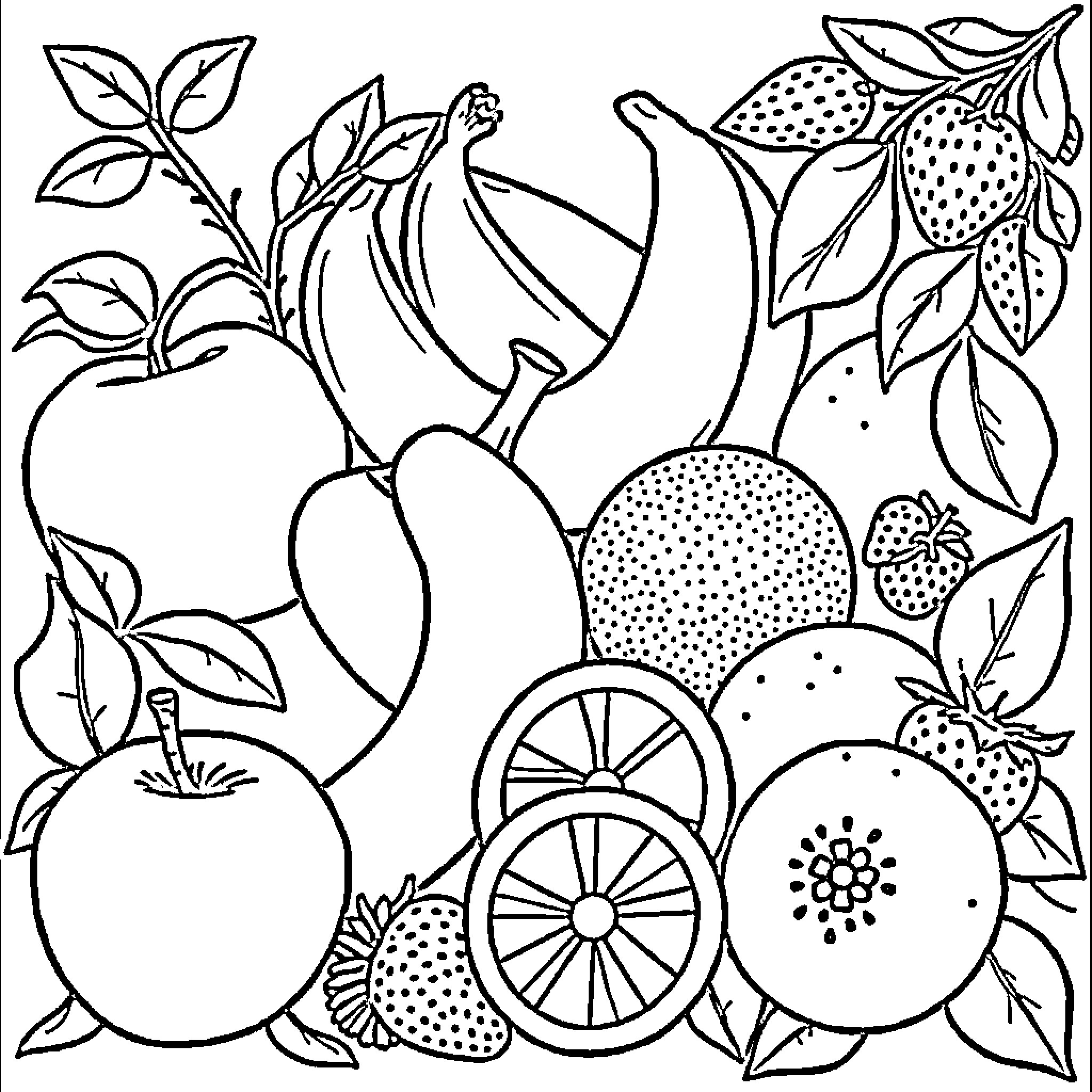 Fruit Garden Scene with Diverse Produce Coloring Page (free black-and-white line drawing printable PDF for all, from beginners to advanced learners, including children, teens, adults, and seniors)