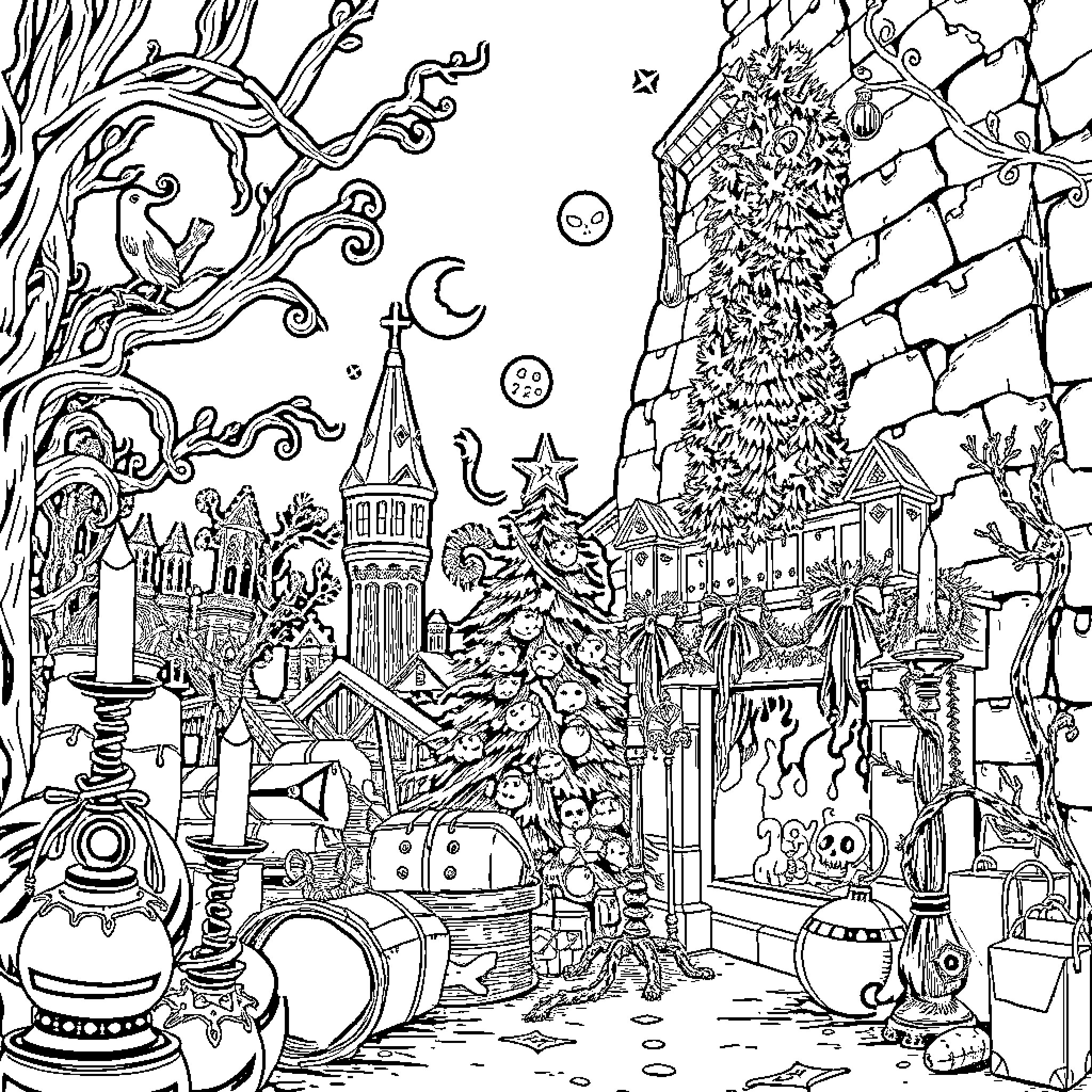 Goth Fantastical Cityscape with Whimsical Elements Coloring Page (free black-and-white line drawing printable PDF for all, from beginners to advanced learners, including children, teens, adults, and seniors)