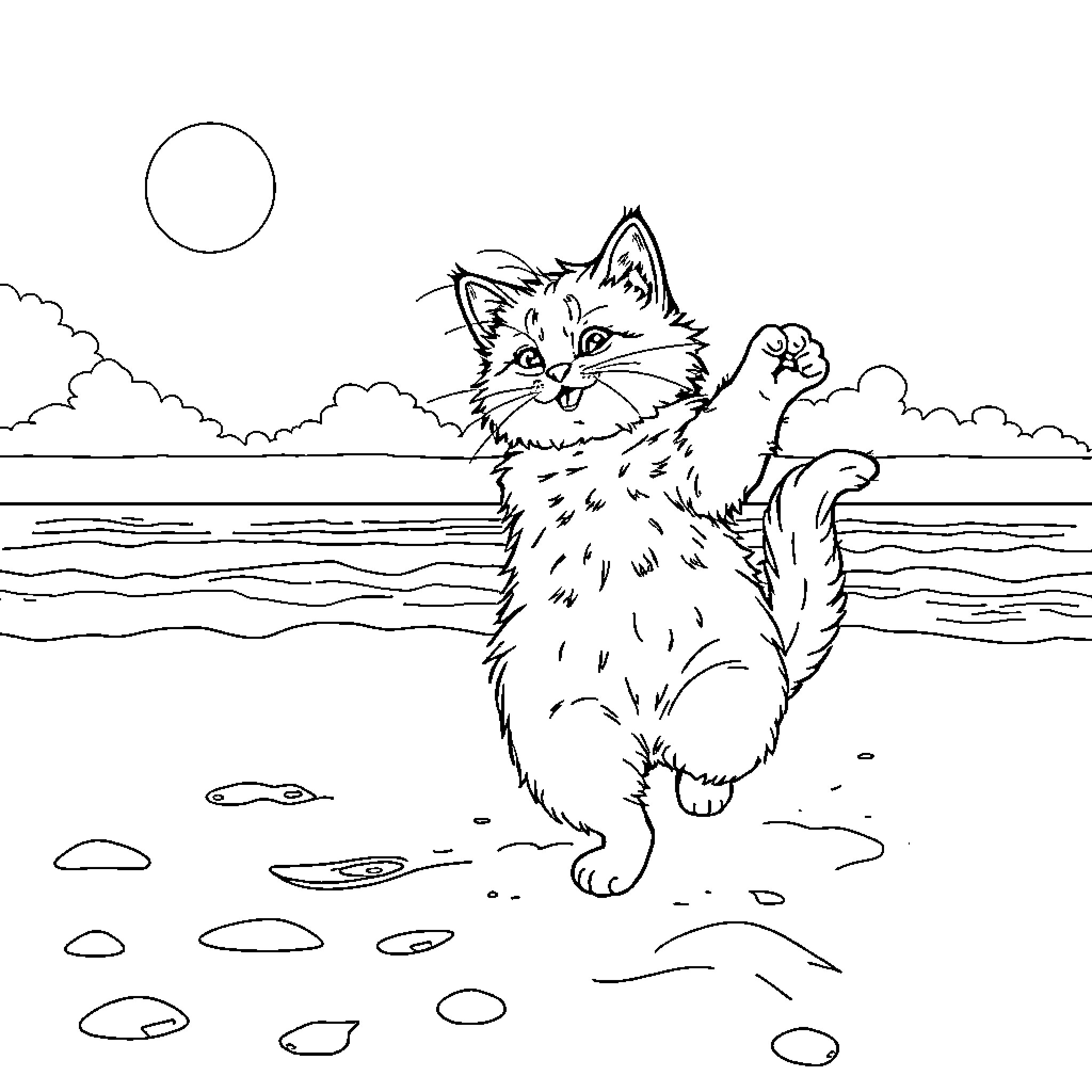 Cat playing joyfully by the lake Coloring Page (free black-and-white line drawing printable PDF for all, from beginners to advanced learners, including children, teens, adults, and seniors)