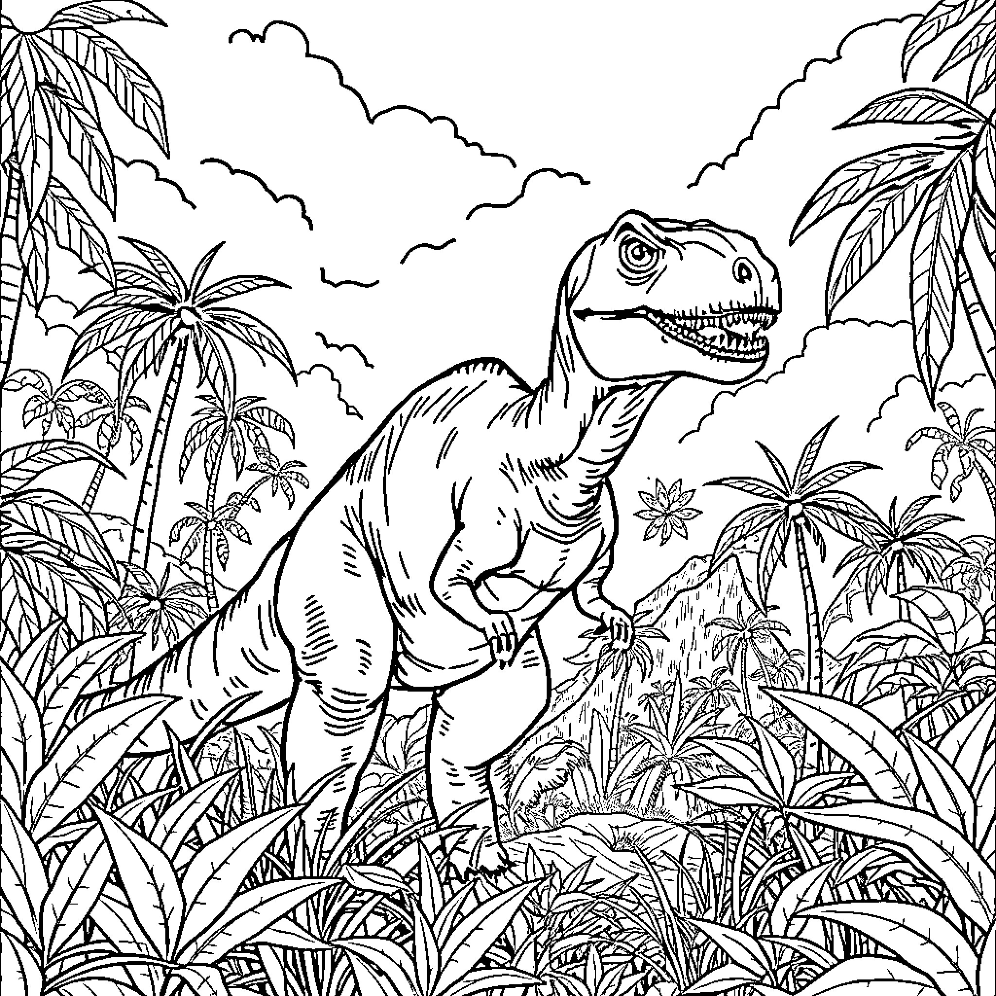 Dinosaur exploring lush prehistoric landscape Coloring Page (free black-and-white line drawing printable PDF for all, from beginners to advanced learners, including children, teens, adults, and seniors)