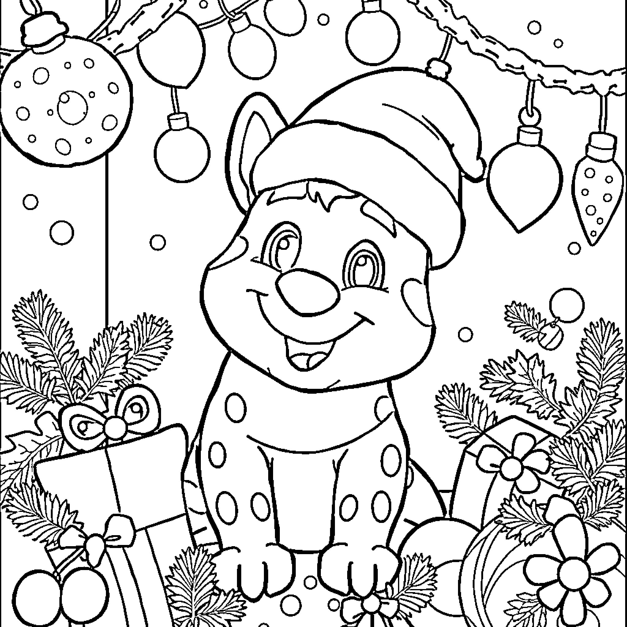 Christmas Kitten with Festive Decorations Coloring Page (free black-and-white line drawing printable PDF for all, from beginners to advanced learners, including children, teens, adults, and seniors)